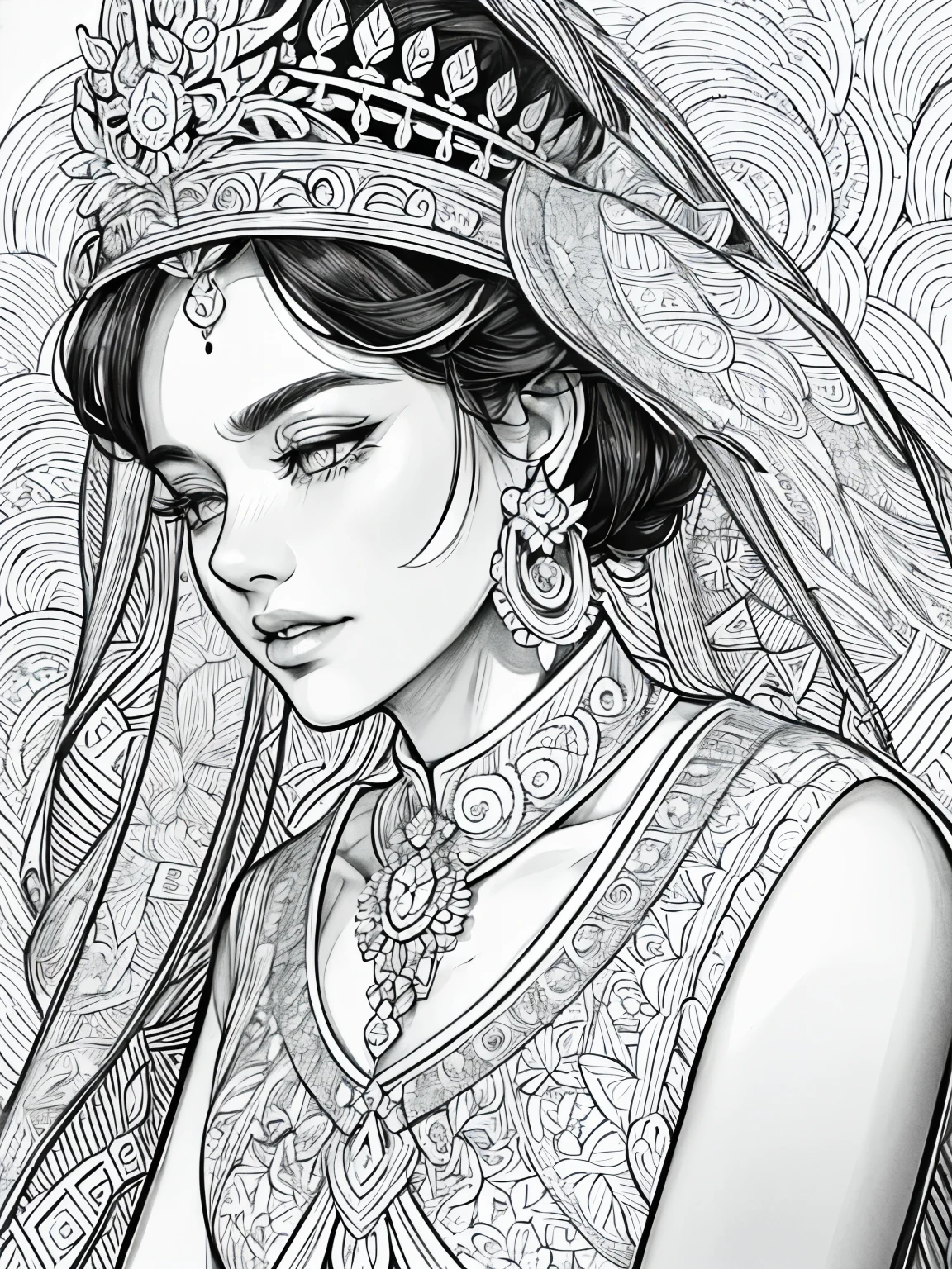 (Black and white coloring book:1.5), line drawings, masterpiece, best quality, ultra-detailed, high resolution, Very detailed face, (Eyes clear and distinct lines), Hair is white colored, Upper body shot, Royal wedding.A woman in a luxuriously embroidered and jeweled royal wedding dress, The hem of the dress has a long train, Hyper detailed crisp black line draw, ((simple white color))