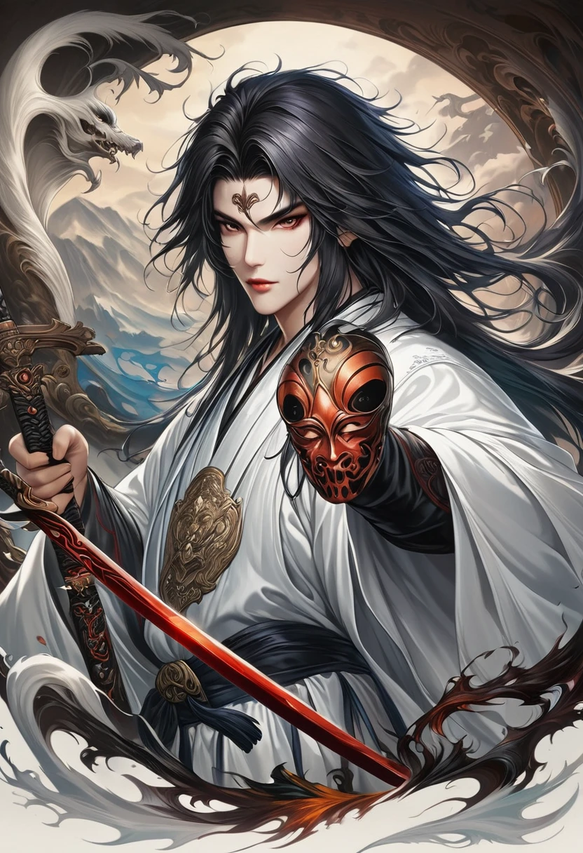 One was wearing a white dress、Close-up of man holding sword,Portrait of Yang Jian,Popularity of CGsociety,Fantasy Art,Beautiful character painting,Guviz-style artwork,Gurwitz,White Hanfu,Flowing white robe,Full body martial arts,Epic and beautiful character art,Stunning character art,cold male killer