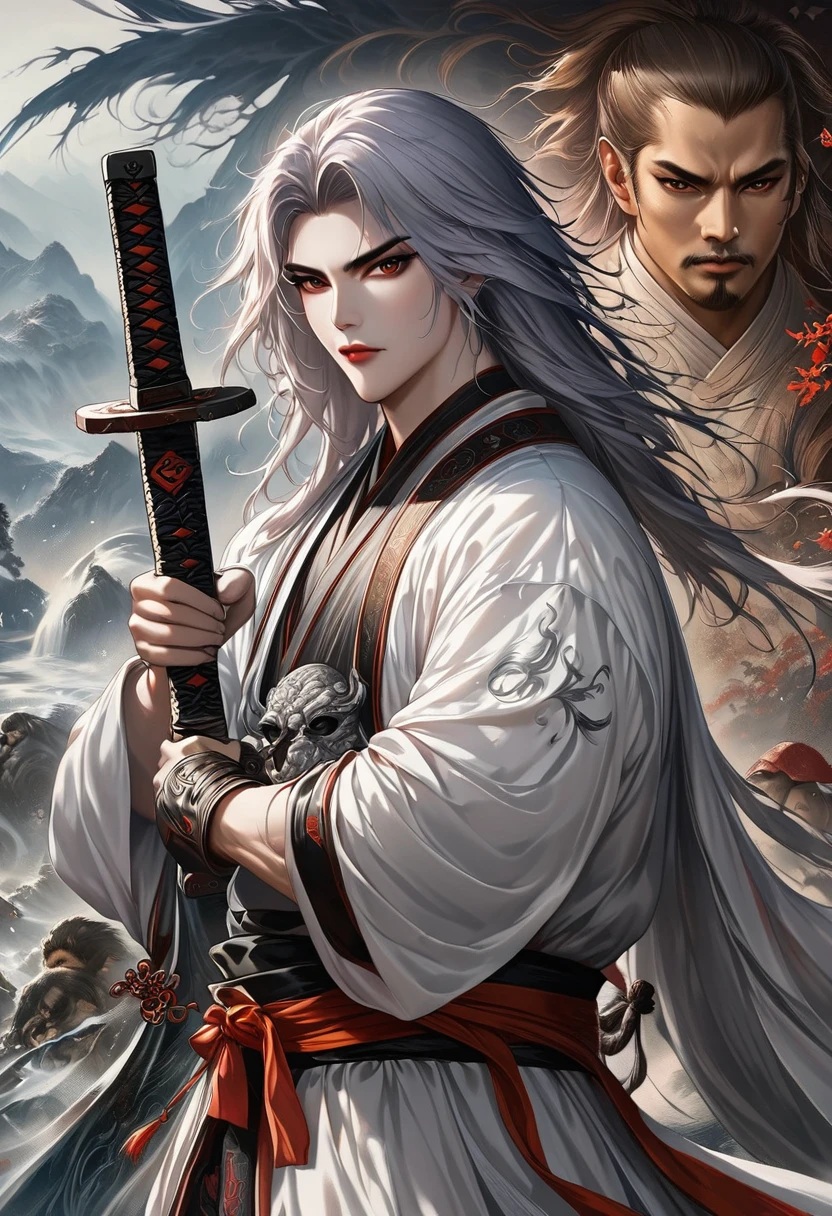 One was wearing a white dress、Close-up of man holding sword，Portrait of Yang Jian，Popularity of CGsociety，Fantasy Art，Beautiful character painting，Guviz-style artwork，Gurwitz，White Hanfu，Flowing white robe，Full body martial arts，Epic and beautiful character art，Stunning character art，cold male killer
