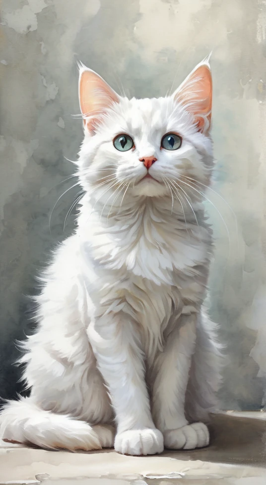 Happy anthropomorphic kitten, Style Painting,   (Professional painting, Dynamic pose, moving composition, Dynamic Lighting, Realistic proportions, Very detailed, Intricate details, High resolution, Ray Tracing, Very detailedな, Very detailed ,A white cat, adorable, watercolor painting, delicate touch.

