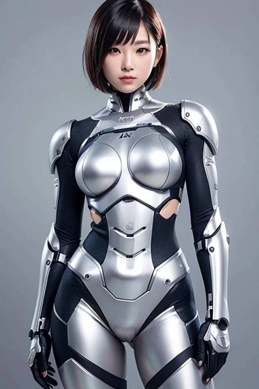 Full short hair Asian girl cyborg silver color body