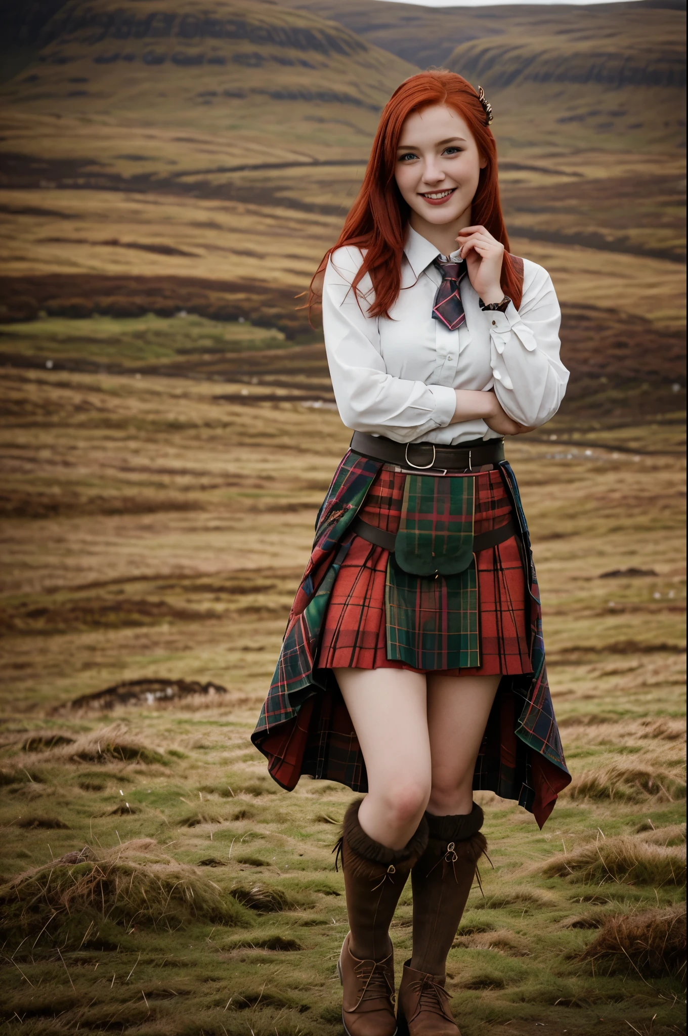 Front view, (looking at viewer:1.3), Full-body, on ground ,standing pose, Scottish girl, 18 years-old, (red hair , blew eye, middle hair, smile ), A beautiful Scottish woman wearing traditional Highland dress, long kilt skirt, including a tartan kilt and accessories like a sporran and sash, standing in a picturesque Scottish landscape. The scene should highlight the elegance and cultural richness of Scottish heritage,super detail, high details, high quality, accurate, anatomically correct, textured skin, beautiful fingers super detail, high details, high quality, best quality