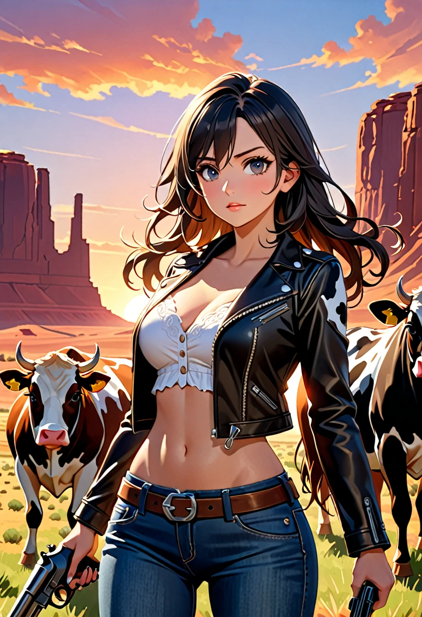 Highest quality, 16K, Unbelievably absurd, Very detailed, 2.5D, delicate and dynamic, , formal, Monument Valley, vast ranch, Sunset, sunset, Herd of cows, Wagon, duel, Small face, Very delicate look, Delicate eye depiction, Upper body close-up, erotic, Sexy Woman, Cool woman, Long black wavy hair, Healthy body shape, 25-year-old woman, Cool woman, height: 170cm, huge firm bouncing busts, western cow girl, Dual pistols, Vibrant, Worn leather jacket, Jeans short pants, Leather cowboy boots