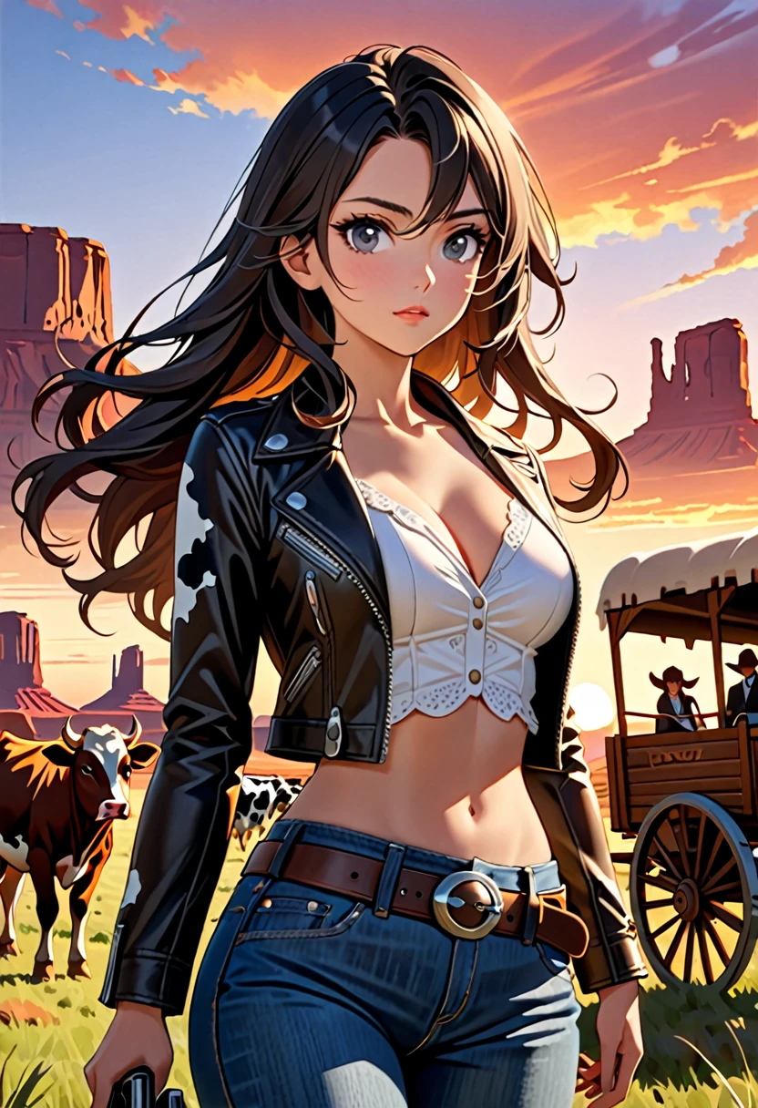 Highest quality, 16K, Unbelievably absurd, Very detailed, 2.5D, delicate and dynamic, , formal, Monument Valley, vast ranch, Sunset, sunset, Herd of cows, Wagon, duel, Small face, Very delicate look, Delicate eye depiction, Upper body close-up, erotic, Sexy Woman, Cool woman, Long black wavy hair, Healthy body shape, 25-year-old woman, Cool woman, height: 170cm, huge firm bouncing busts, western cow girl, Dual pistols, Vibrant, Cowboy hat, Worn leather jacket, Jeans short pants, Leather cowboy boots, duelに臨む