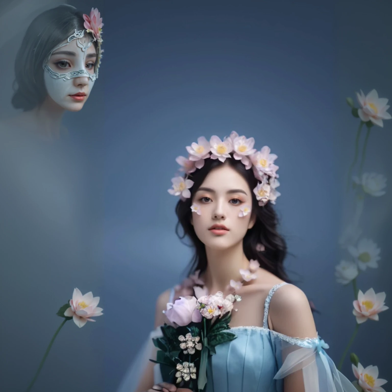 Close-up of woman with flowers in her hair, Flower shade, flower mask, girl with a flower face, flower goddess, flower face, made of flowers, lotus flower crown girl, girl with a Flower Head, 🌺 cgsociety, Flower Head, facemask made of flowers, artwork in the style of Gouvice, Gouvice