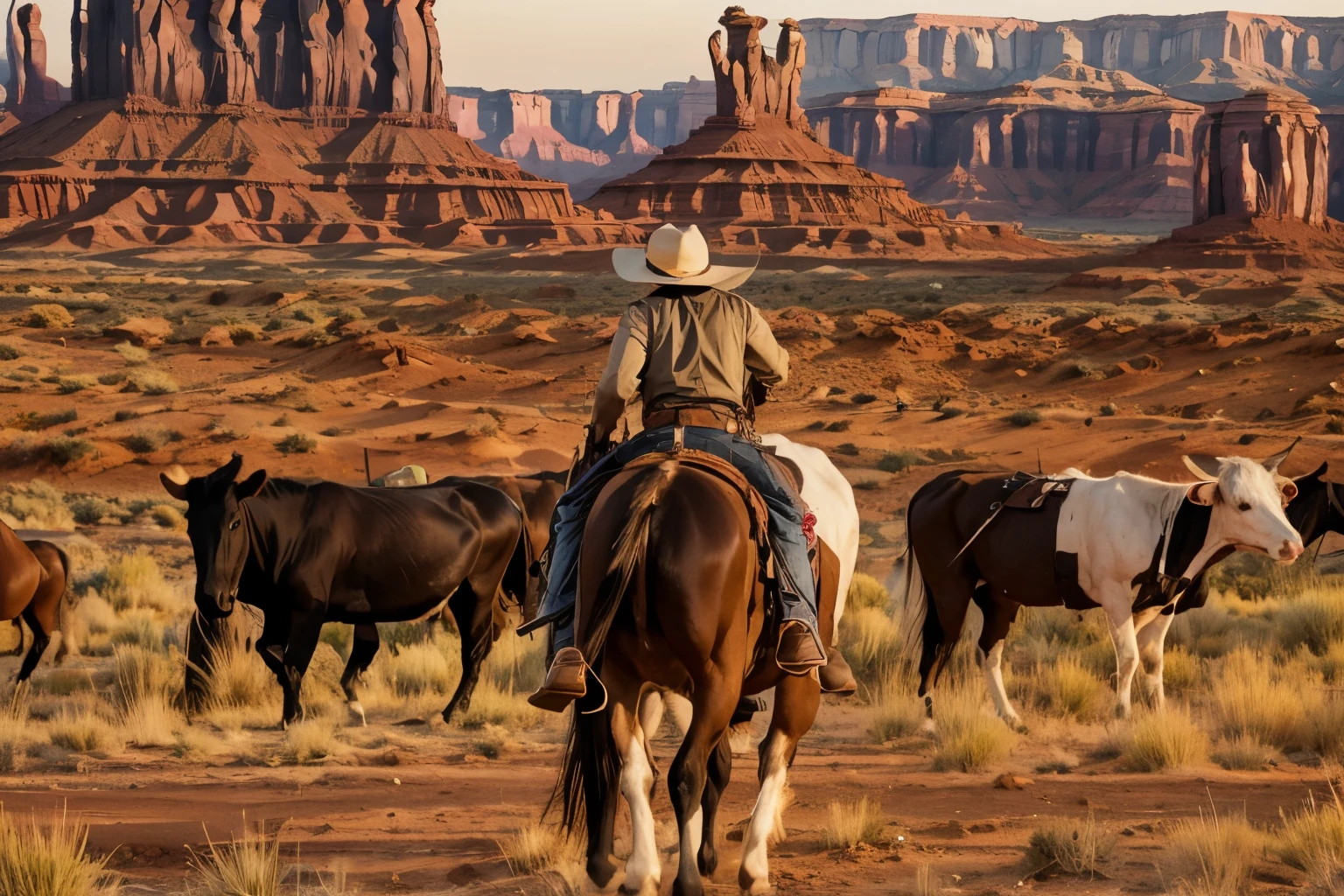 movie, western cow boy, Upper body close-up, Monument Valley, vast ranch, Sunset,, Herd of cows, Duel in the Wilderness