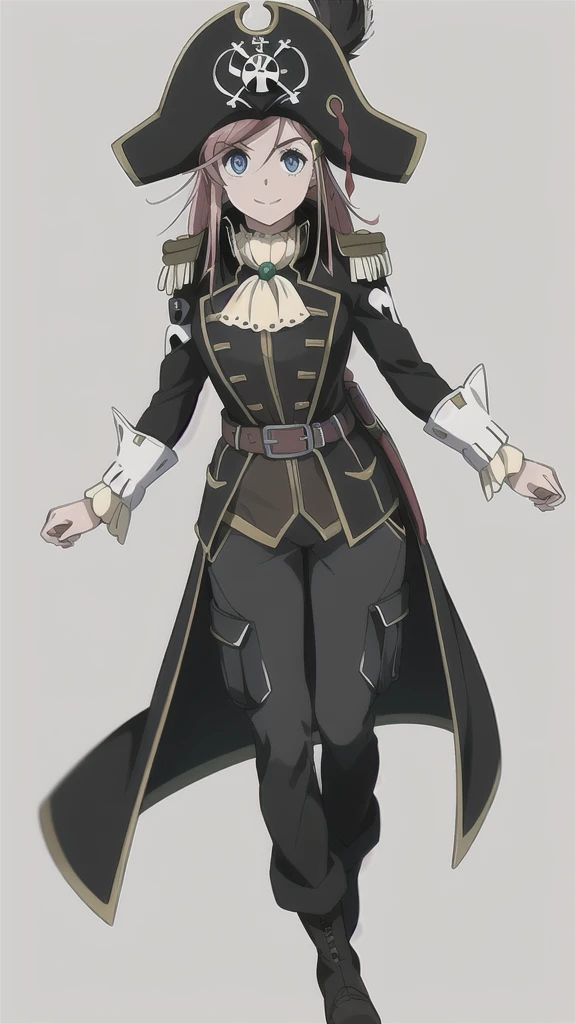 masterpiece, best quality, 1girl, detailed face and eyes, full body, big breasts, Katou Marika, (black pirate costume), belt, (black cargo pants), (black boots), (black pirate hat), smile, closed mouth, (simple white background)