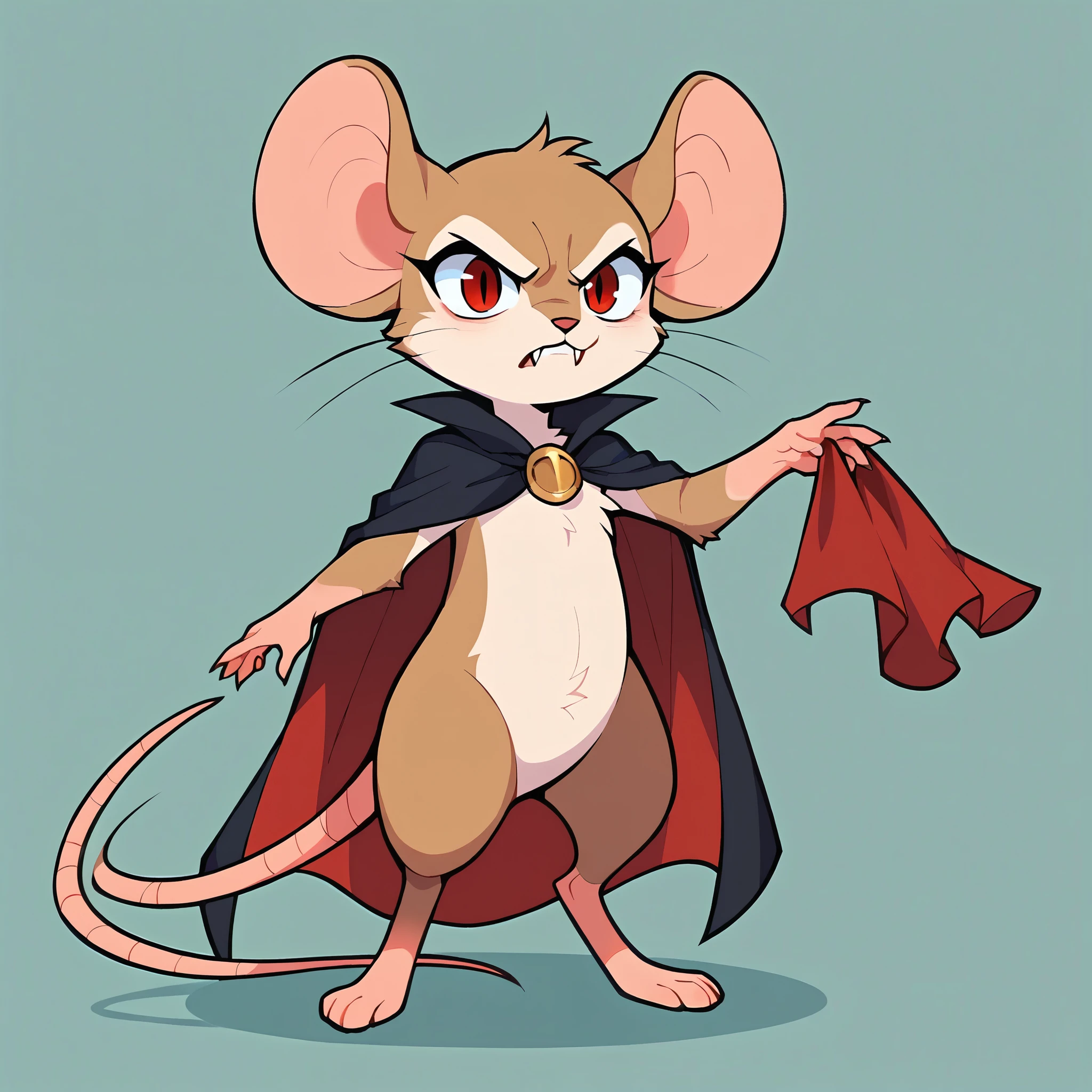score_9, score_8_up, score_7_up, score_6_up, score_5_up, score_4_up, show accurate, full body, hungry body, simple background, (solo), (semi anthro), mouse, female mouse, fur body, ultra fine fur, standing, red eyes, (light brown dull fur), determined look, black open cape, vampire inner cape, sneaking