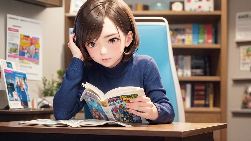 With elbows on the desk A woman is reading a comic book Comics one's home Sunlight through the window profile Bookshelf in the background high quality masterpiece Upper Body