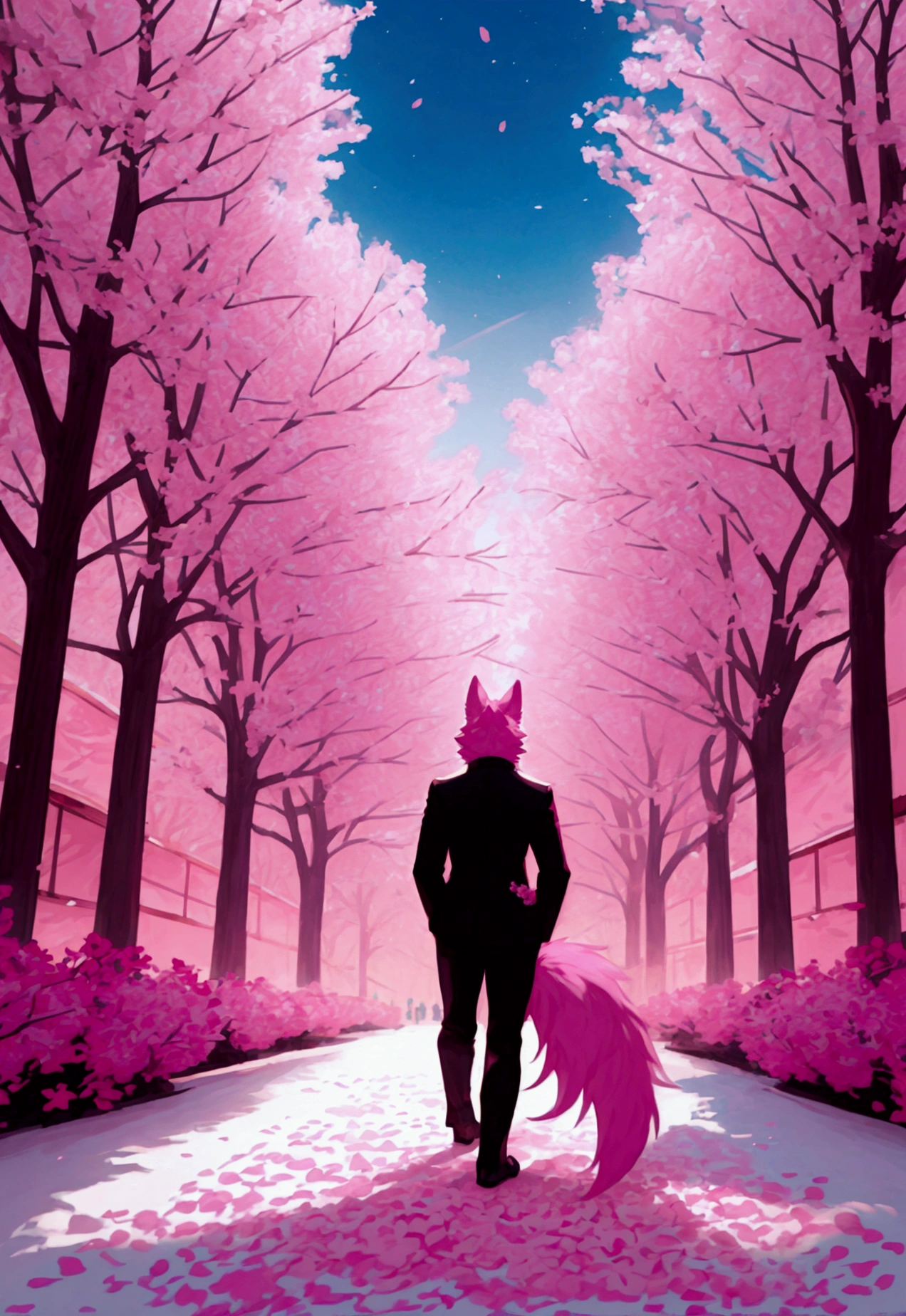 (highest quality, 32K resolution, high resolution, super detailed, realistic, finely drawn details), Unreal Engine 5, Tokyo lighting, romantic motifs, rose creation portal, majestic background, floral environment, beautiful landscape, flower bed on the ground, Aesthetic wallpaper, e-commerce live room background, ultra-realistic rendering, exquisite composition, stunning wallpapers, stunning images, aesthetic wallpaper, red background, red reflection, C4D rendering, top quality, photo raw "Pure white cherry blossoms, pure white background, pink cherry blossoms, bright cherry blossoms, ((1child)), ((wolf)), ((furry)), ((tail)), ((walking forward)), ((pink fur)), black suit, black pants, blue sky