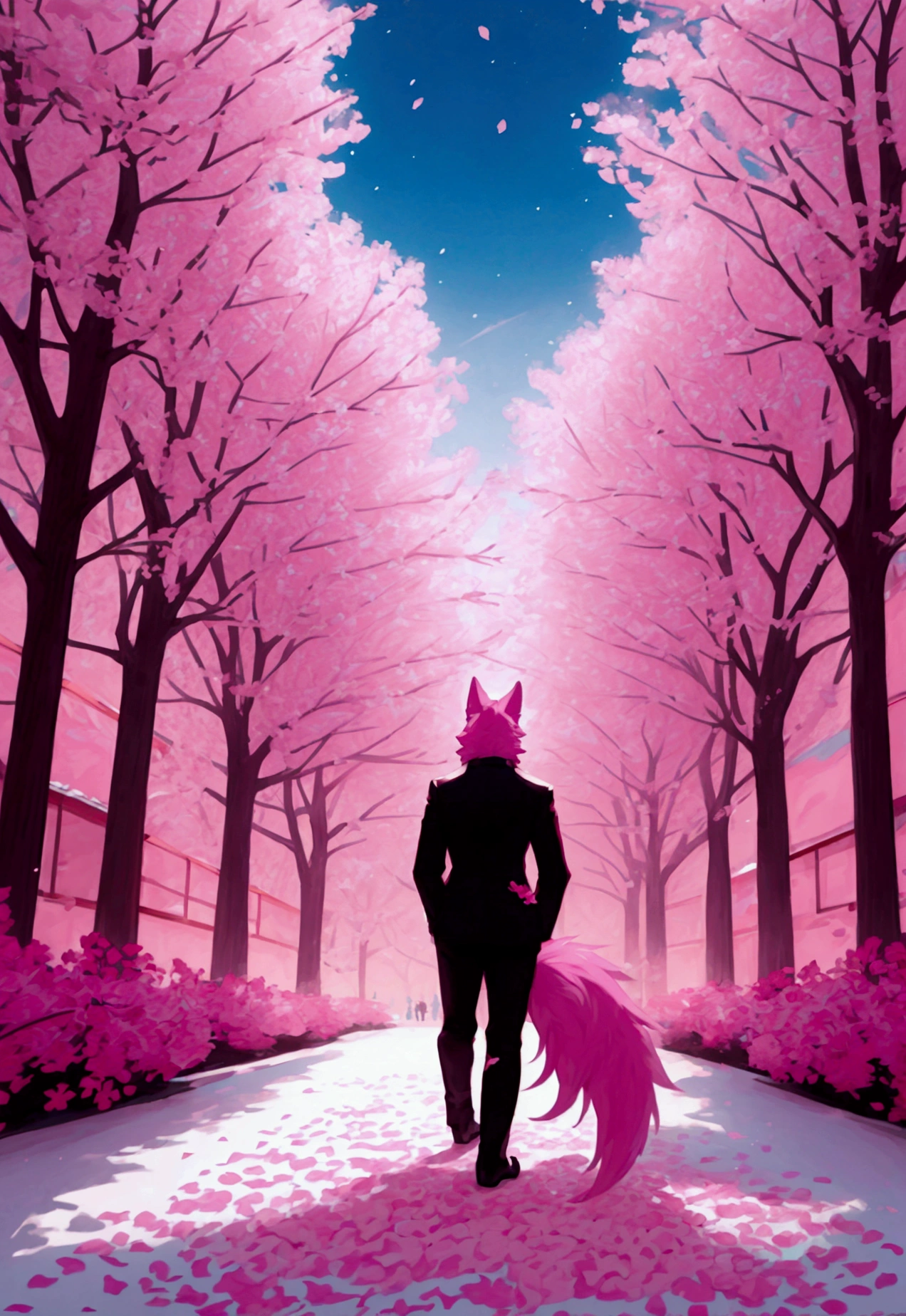 (highest quality, 32K resolution, high resolution, super detailed, realistic, finely drawn details), Unreal Engine 5, Tokyo lighting, romantic motifs, rose creation portal, majestic background, floral environment, beautiful landscape, flower bed on the ground, Aesthetic wallpaper, e-commerce live room background, ultra-realistic rendering, exquisite composition, stunning wallpapers, stunning images, aesthetic wallpaper, red background, red reflection, C4D rendering, top quality, photo raw "Pure white cherry blossoms, pure white background, pink cherry blossoms, bright cherry blossoms, ((1child)), ((wolf)), ((furry)), ((tail)), ((walking forward)), ((pink fur)), black suit, black pants, blue sky