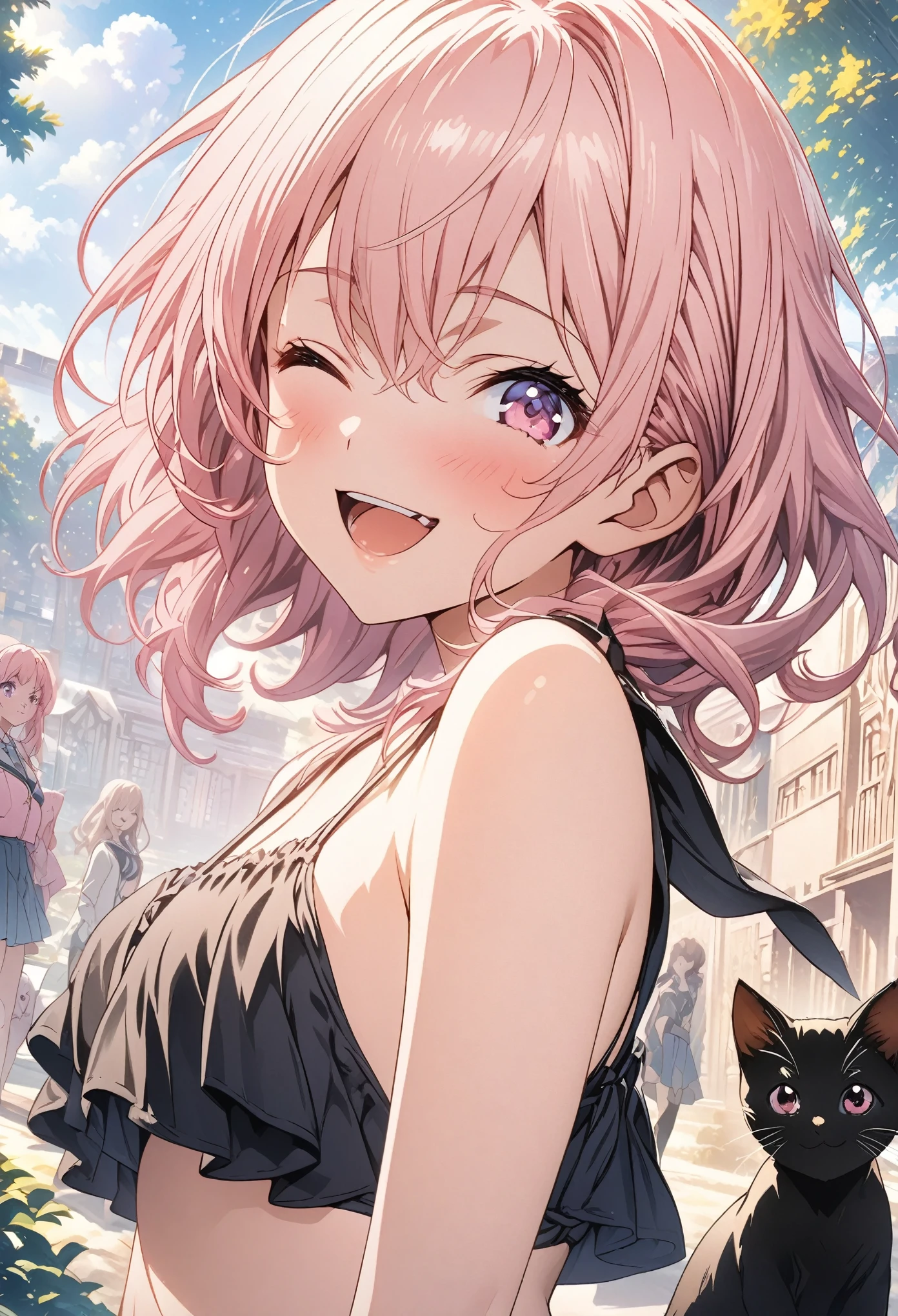 masterpiece, Highest quality, Highly detailed CG Unity 8K wallpapers, High School Girl Anime Illustration. Black Swimsuit, Wear a black bikini、She turns around and sees this, she has her eyes closed and mouth open, smile. The background is a light pastel colored landscape.., Pink Hair Color, Pink eyes, Cowboy Shot、Happy looking kitten,