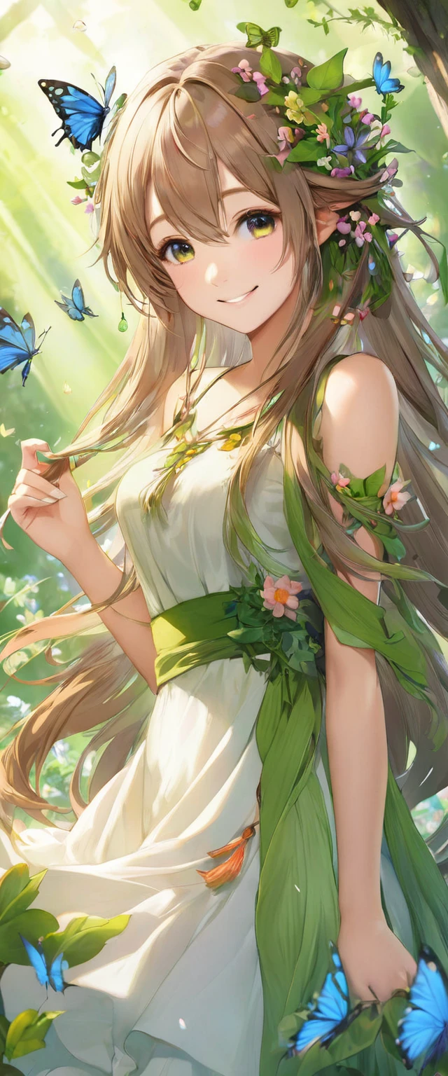 A girl, Dryad, Wood hair, Butterfly、petal、Smile