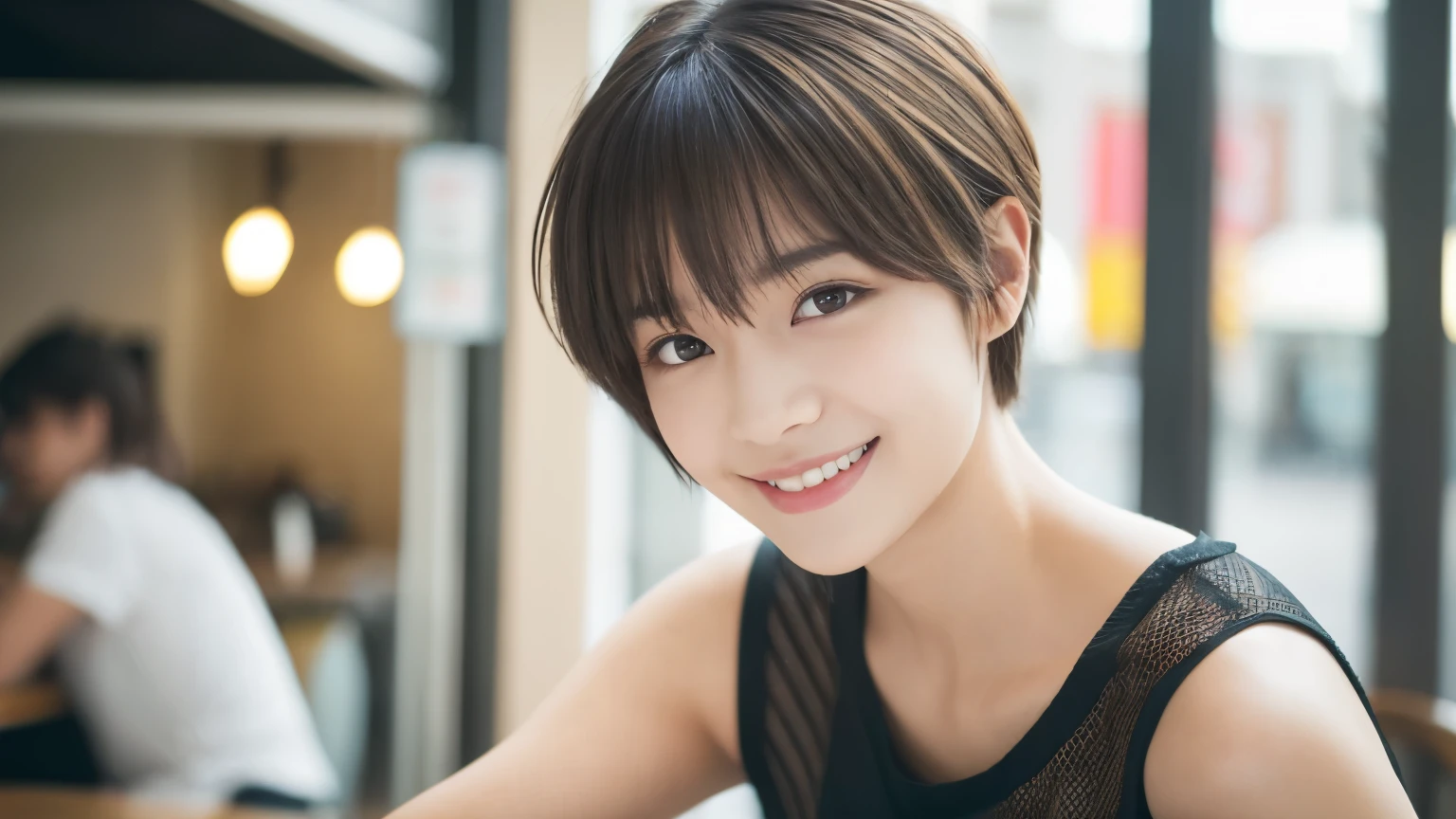 super high quality, smile, Slenderのネックレス, Slender, The staff is working at the counter in the back., (8k、RAW Photos、Highest quality、masterpiece:1.2), Japanese Idol, Stylish café, (Realistic、Photorealistic:1.37), Mesh Hair, Urban Cafe, Golden Ratio, Raw photo, Cute face , Light Brown Hair, Small breasts, Bright cafe interior, Blurred Background, Summer clothes, Cafe Terrace, Open Cafe, Photographed inside the cafe, Hair blowing in the wind, boyish, T-Shirts, Very Short Hair, 18-year-old, 

