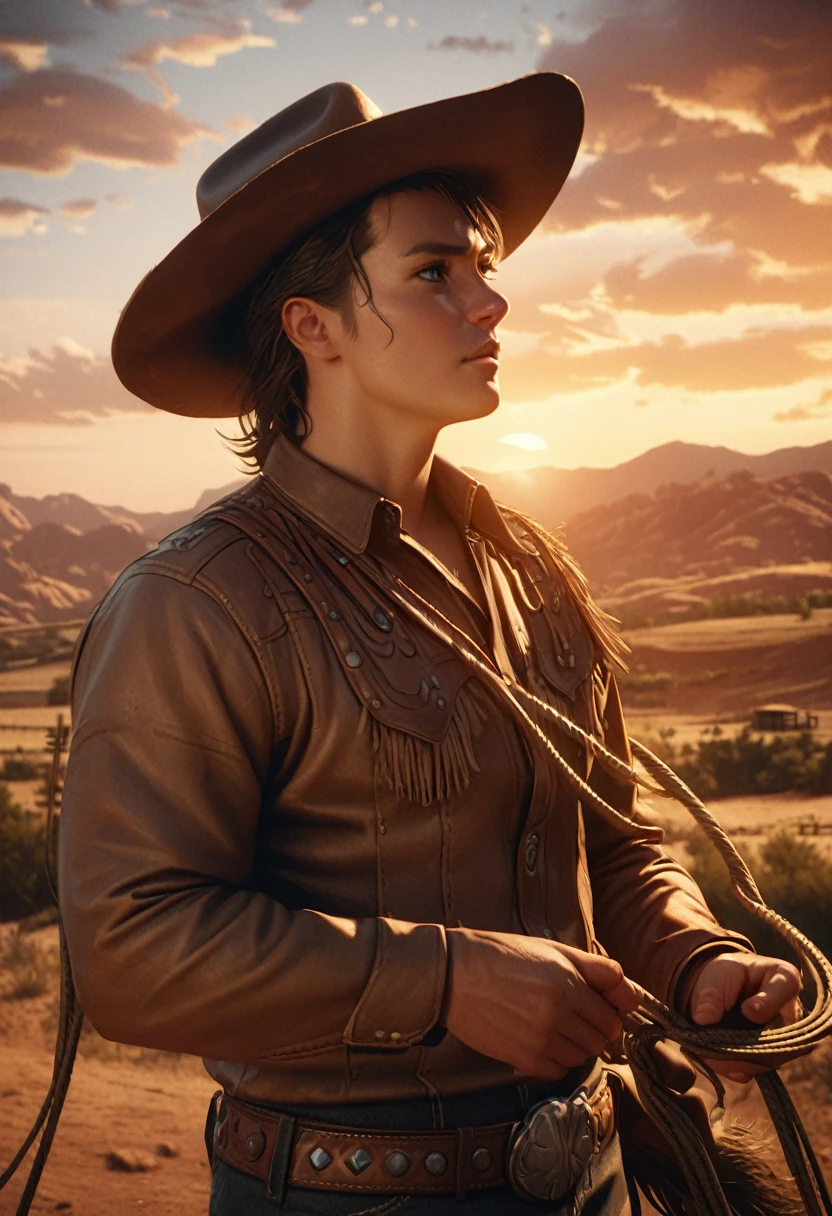 a western cowboy, rugged cowboy, cowboy hat, cowboy boots, lasso, ranch, sunset landscape, dramatic clouds, dusty, warm lighting, cinematic, highly detailed, photorealistic, 8k, intricate detail, masterpiece