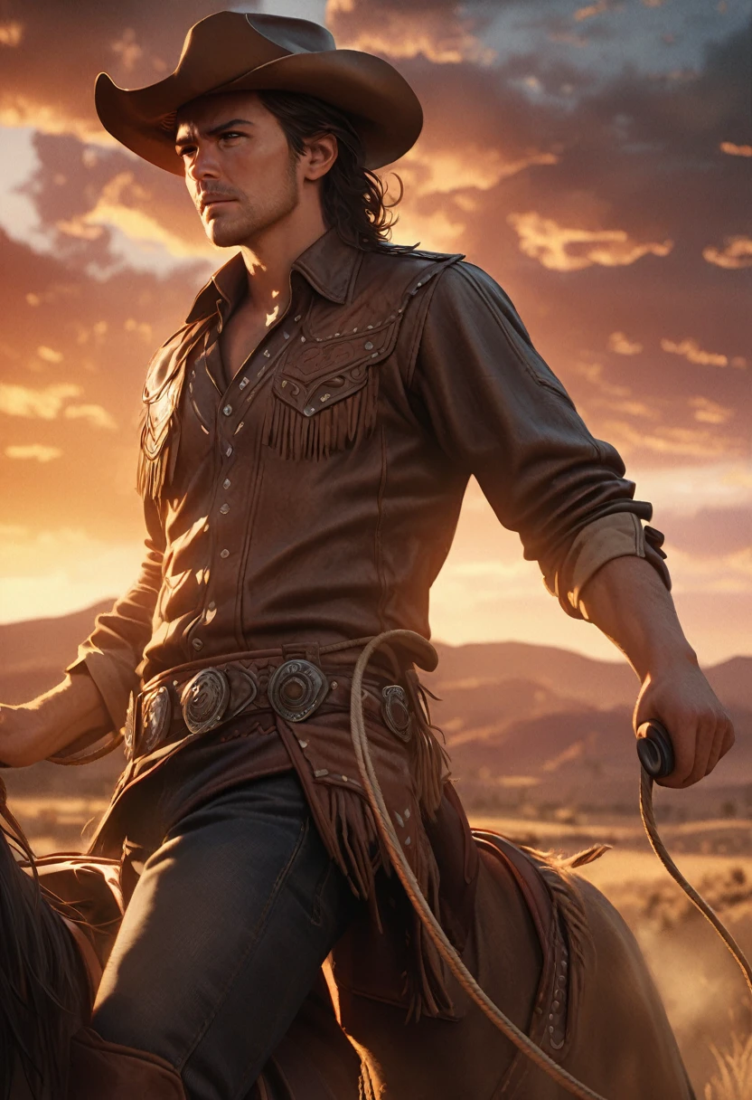 a western cowboy, rugged cowboy, cowboy hat, cowboy boots, lasso, ranch, sunset landscape, dramatic clouds, dusty, warm lighting, cinematic, highly detailed, photorealistic, 8k, intricate detail, masterpiece