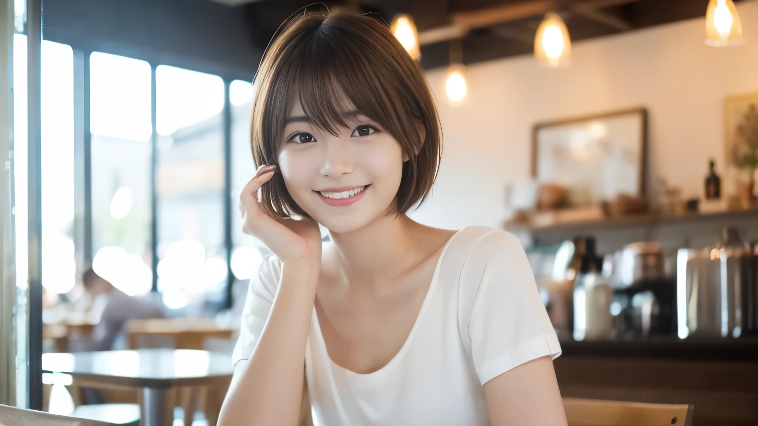 super high quality, smile, Slenderのネックレス, Slender, The staff is working at the counter in the back., (8k、RAW Photos、Highest quality、masterpiece:1.2), Japanese Idol, Stylish café, (Realistic、Photorealistic:1.37), Mesh Hair, Urban Cafe, Golden Ratio, Raw photo, Cute face , Light Brown Hair, Small breasts, Bright cafe interior, Blurred Background, Summer clothes, Cafe Terrace, Open Cafe, Photographed inside the cafe, Hair blowing in the wind, boyish, T-Shirts, Very Short Hair, 18-year-old, 

