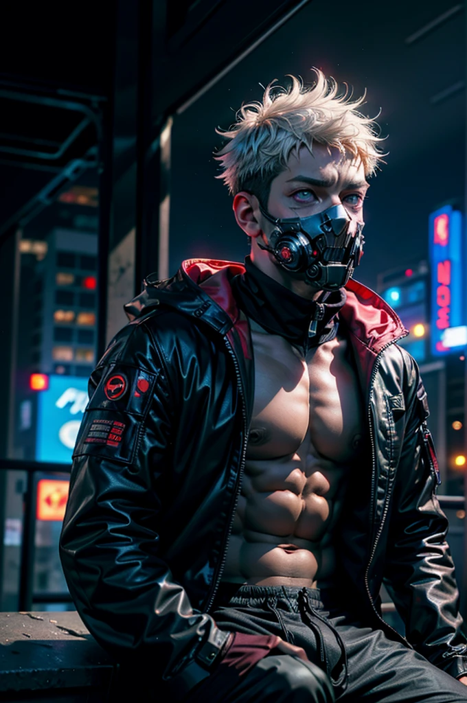 "dark theme :: closeup face focus, ultra realistic futuristic cyberpunk muscular male white hair sitting :: cyberpunk face (cyber eyes) :: cool cybernetic punk jacket red neon eyes :: shirtless:: mechanical intricate mask :: natural lighting :: bokeh :: 8k :: best quality :: masterpiece :: futuristic cityscape background"