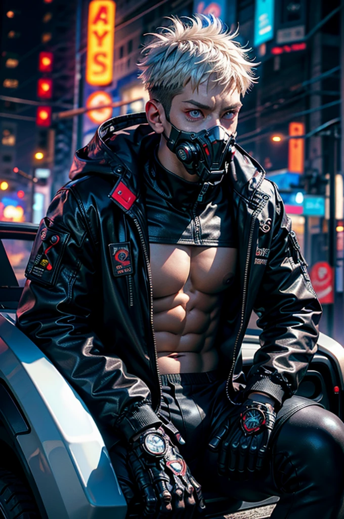 "dark theme :: closeup face focus, ultra realistic futuristic cyberpunk muscular male white hair sitting :: cyberpunk face (cyber eyes) :: cool cybernetic punk jacket red neon eyes :: shirtless:: mechanical intricate mask :: natural lighting :: bokeh :: 8k :: best quality :: masterpiece :: futuristic cityscape background"