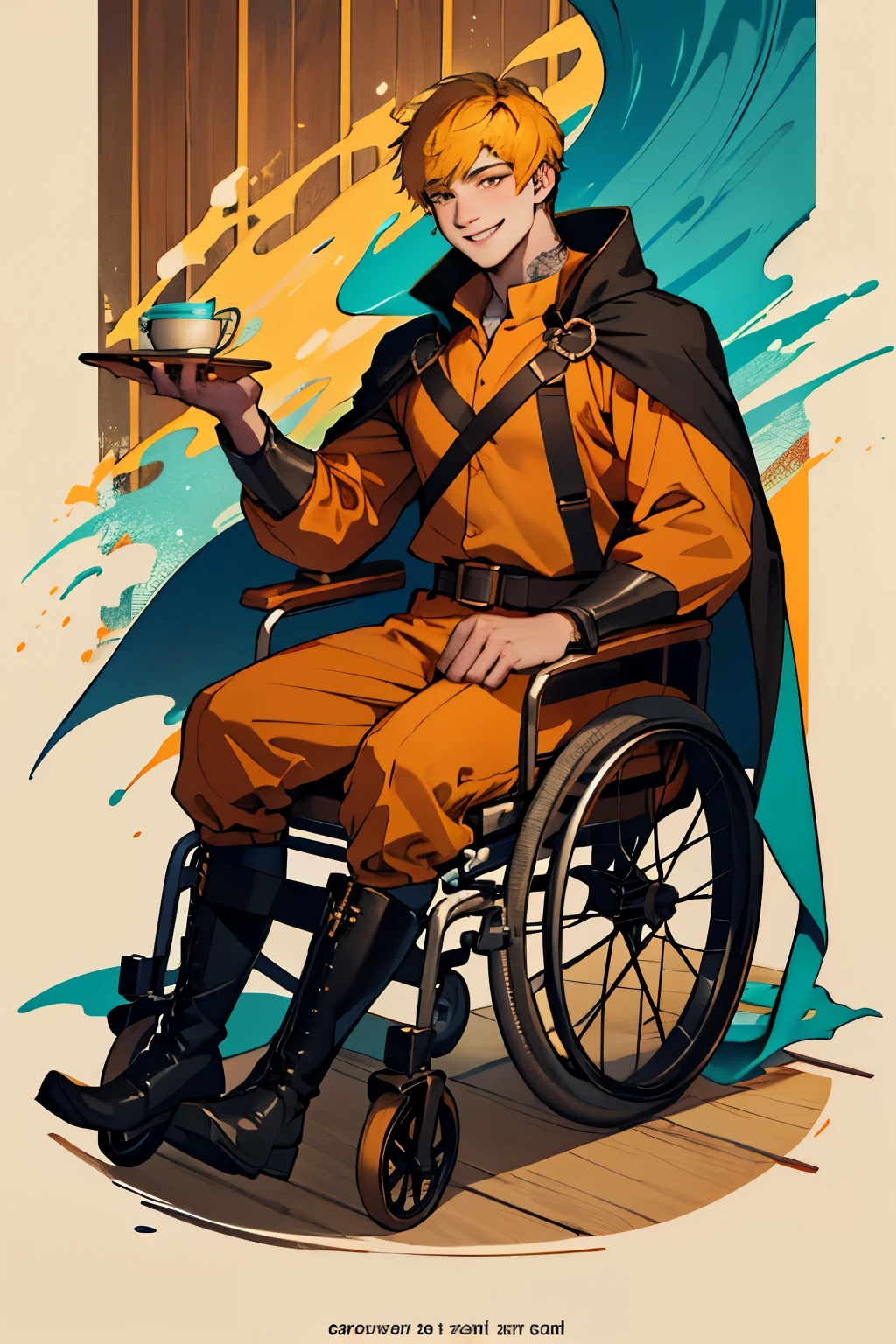 drawing, handsome smiling young man with yellow face, yellow body, pale red bowl cut, wearing orange medieval shirt, turquoise dress, black boots, black cape, and fabric belt, in a wooden medieval wheel chair, yellow skinned