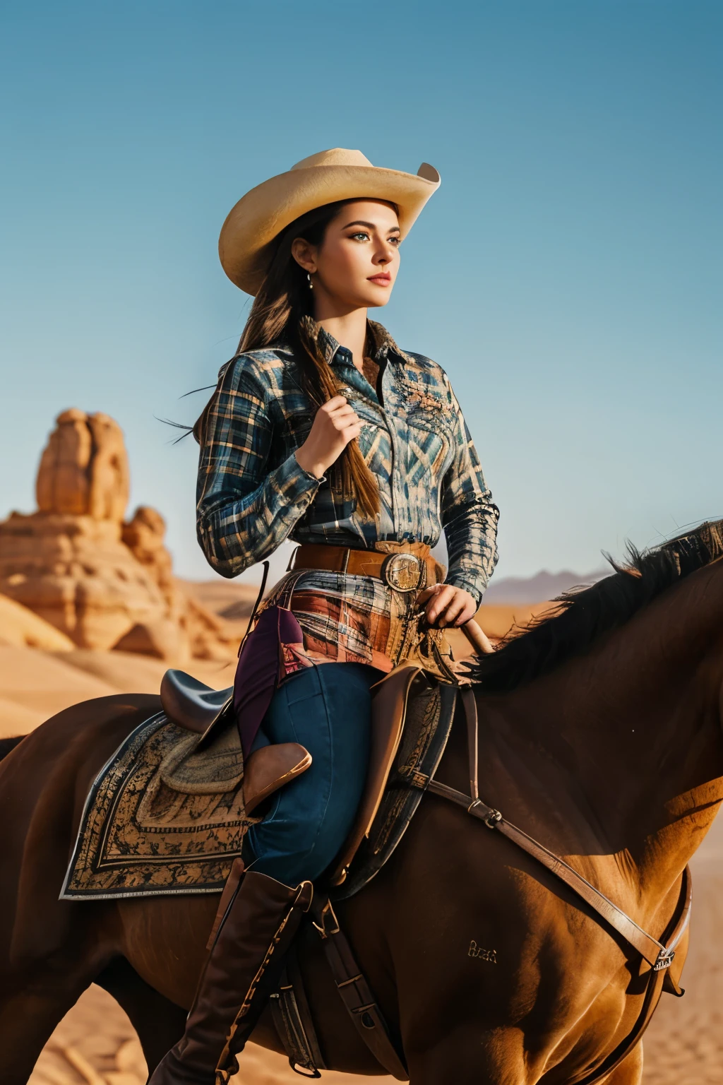 a cowgirl riding a big horse with long neck in a desert village, attire including a wide-brimmed hat, a plaid shirt, leather chaps, and boots with spurs, detailed horse with saddle, detailed desert village buildings, detailed desert landscape, dramatic lighting, cinematic composition, vivid colors, photorealistic, intricate details, high quality, photorealistic, cinematic lighting, vibrant colors, fantasy art style, dramatic lighting, detailed facial features, long eyelashes, beautiful detailed eyes, beautiful detailed lips attire including a wide-brimmed hat, a plaid shi