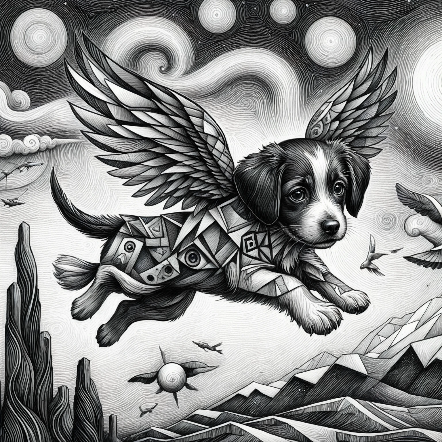 drawing of a dog flying through the air Com asas, cute arte detalhadawork, por Justin Gerard, ilustração épica a lápis, Surreal hybrid animals, pop Surrealism lowbrow art style, pop Surrealism art style, Jim Woodring, Surreal drawing, arte detalhada, ilustração mais detalhada, Altamente detalhado illustration, Com asas. Ultra-detalhado, Douglas Smith, Surreal + Altamente detalhado