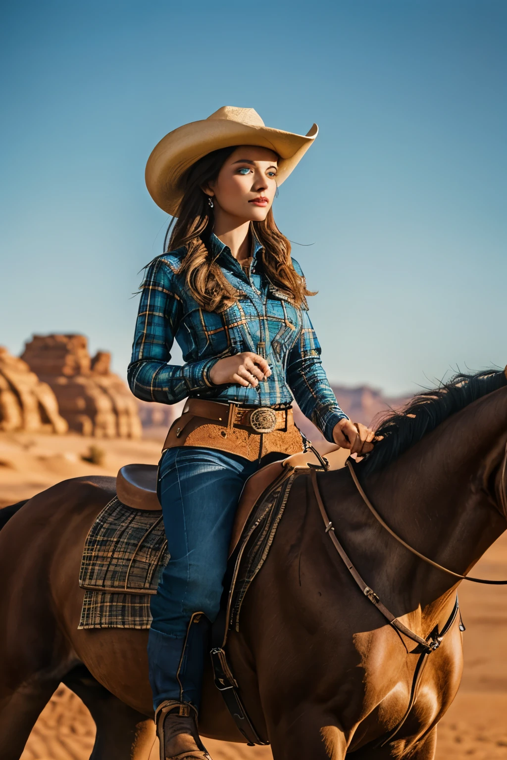 a cowgirl riding a big horse with long neck in a desert village, attire including a wide-brimmed hat, a plaid shirt, leather chaps, and boots with spurs, detailed horse with saddle, detailed desert village buildings, detailed desert landscape, dramatic lighting, cinematic composition, vivid colors, photorealistic, intricate details, high quality, photorealistic, cinematic lighting, vibrant colors, fantasy art style, dramatic lighting, detailed facial features, long eyelashes, beautiful detailed eyes, beautiful detailed lips attire including a wide-brimmed hat, a plaid shi