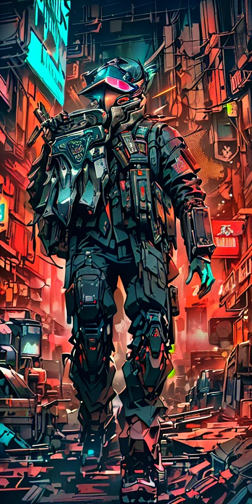 Close up of a person walking in the city with a backpack, Cyberpunk art style, inspired byLiam Wong, detailed Cyberpunk Illustration, byLiam Wong, ( ( ( ( ( and Mumford ) ) ) ) ), cyberpunk comic cover art, Cyberpunk Illustration, Cyberpunk style, and Mumford. 8 k octane render, in the style and Mumford artwork, Cyberpunk art style