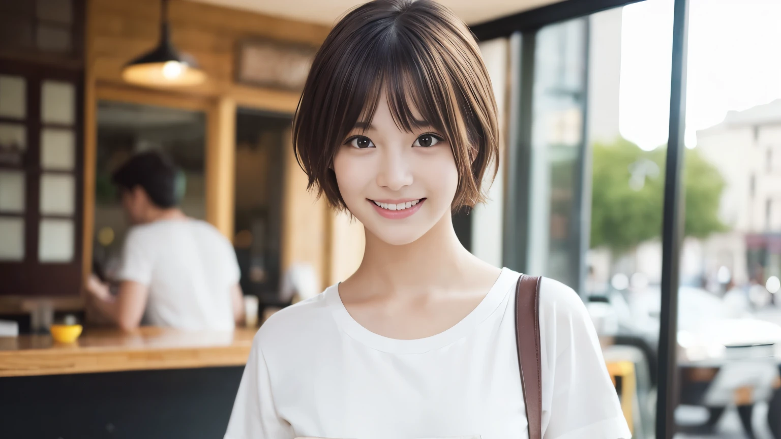 super high quality, smile, Slenderのネックレス, Slender, The staff is working at the counter in the back., (8k、RAW Photos、Highest quality、masterpiece:1.2), Japanese Idol, Stylish café, (Realistic、Photorealistic:1.37), Mesh Hair, Urban Cafe, Golden Ratio, Raw photo, Cute face , Light Brown Hair, Small breasts, Bright cafe interior, Blurred Background, Summer clothes, Cafe Terrace, Open Cafe, Photographed inside the cafe, Hair blowing in the wind, boyish, T-Shirts, Very Short Hair, 18-year-old, 
