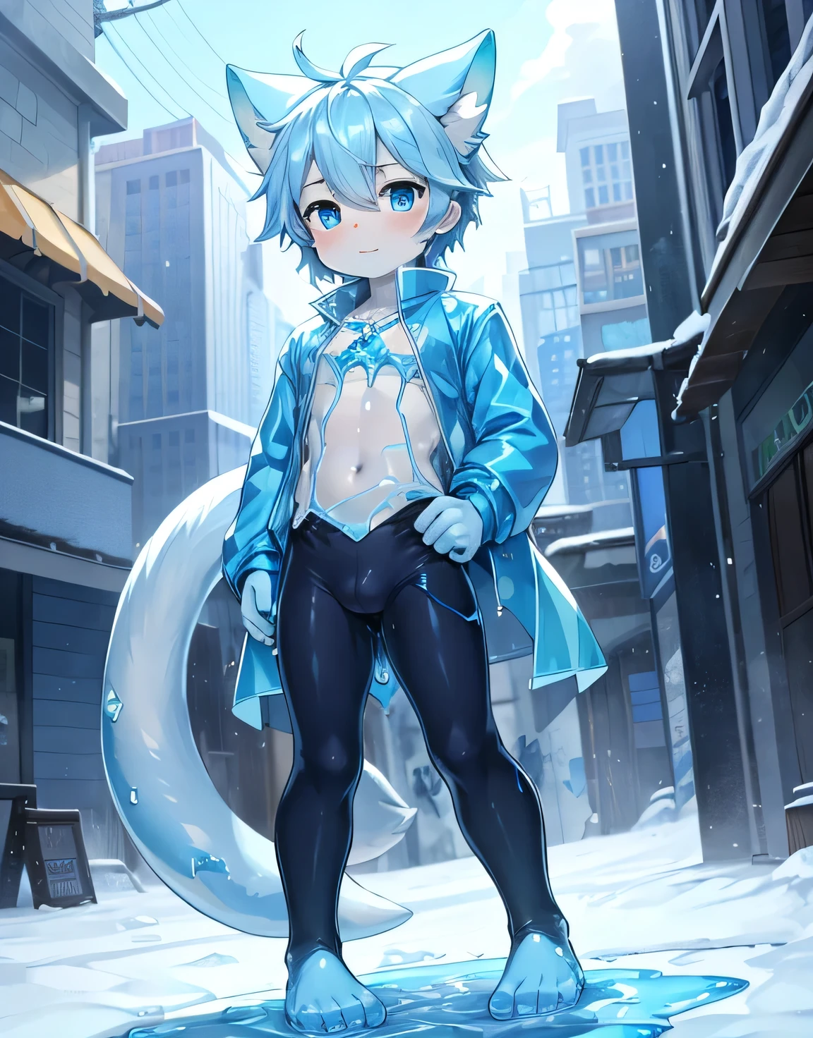 Little male cat,boy,There is a tail,cute,Thin,struggle,Everlasting,Crystallization,Blue pigments,Blue feet,Blue hands,Blue Slime Spreading Feet,Blue Slime Wrap Hand,illumination,freeze,Feet are frozen,charming,boys ,Blue crystal feet,Wearing tights,Full body portrait,smooth,full-body tights,Thin,Light blue gel coat,Wear only pants,outdoor,Small pants,Slime spreads on the body,outdoor,Standing,Blue anime eyes,Thin ,Blue Slime Wrap Foot