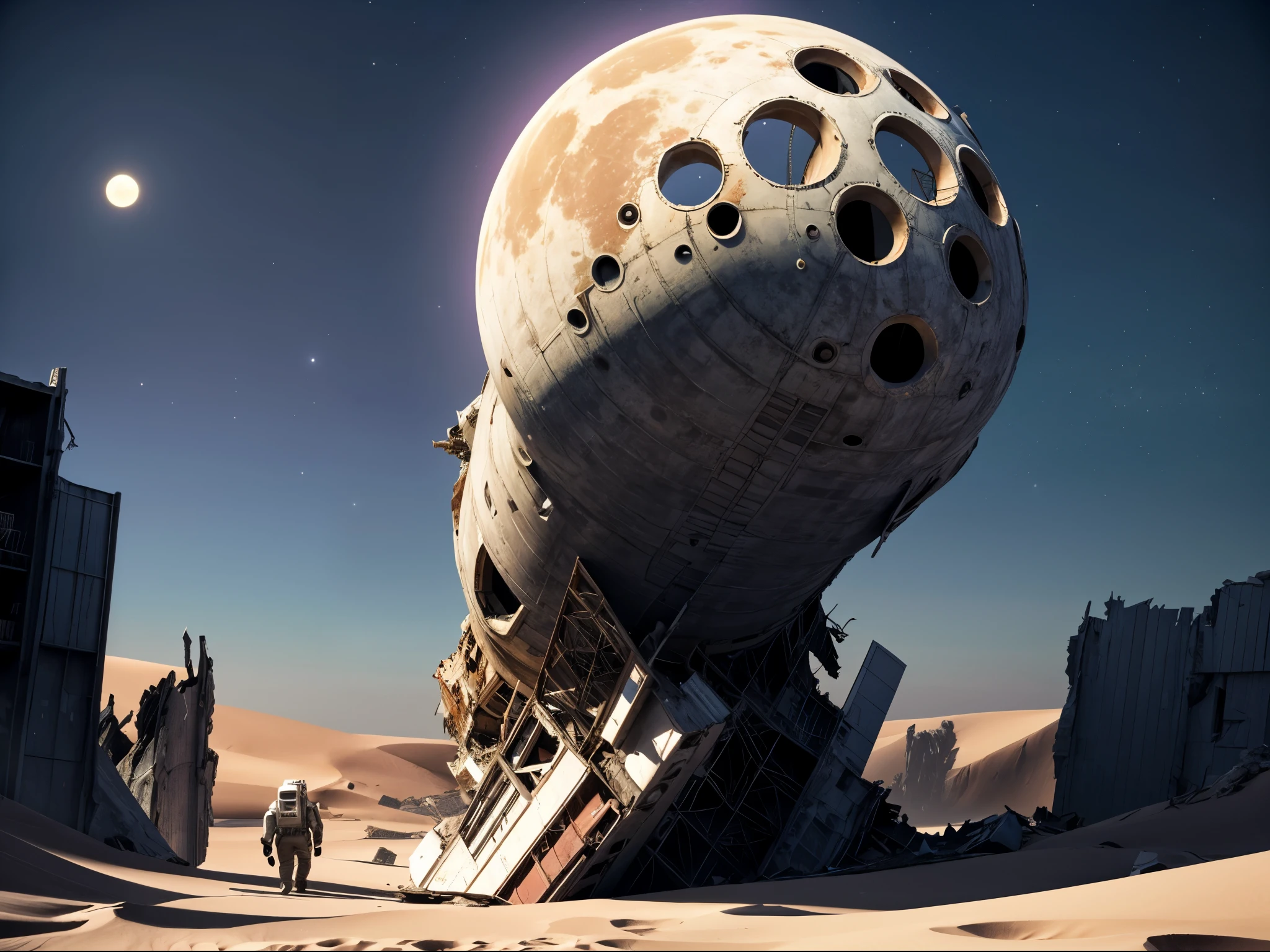 space craft wreck, on crimson sands, alien desert, debris, moons hanging low, violet sky, super moon, alien planet, (masterpiece, best quality:1.2), red thunder, dark fantasy, atmospheric perspective, melancholic colors, volumetric lighting, dramatic lighting, surrealism, super details,