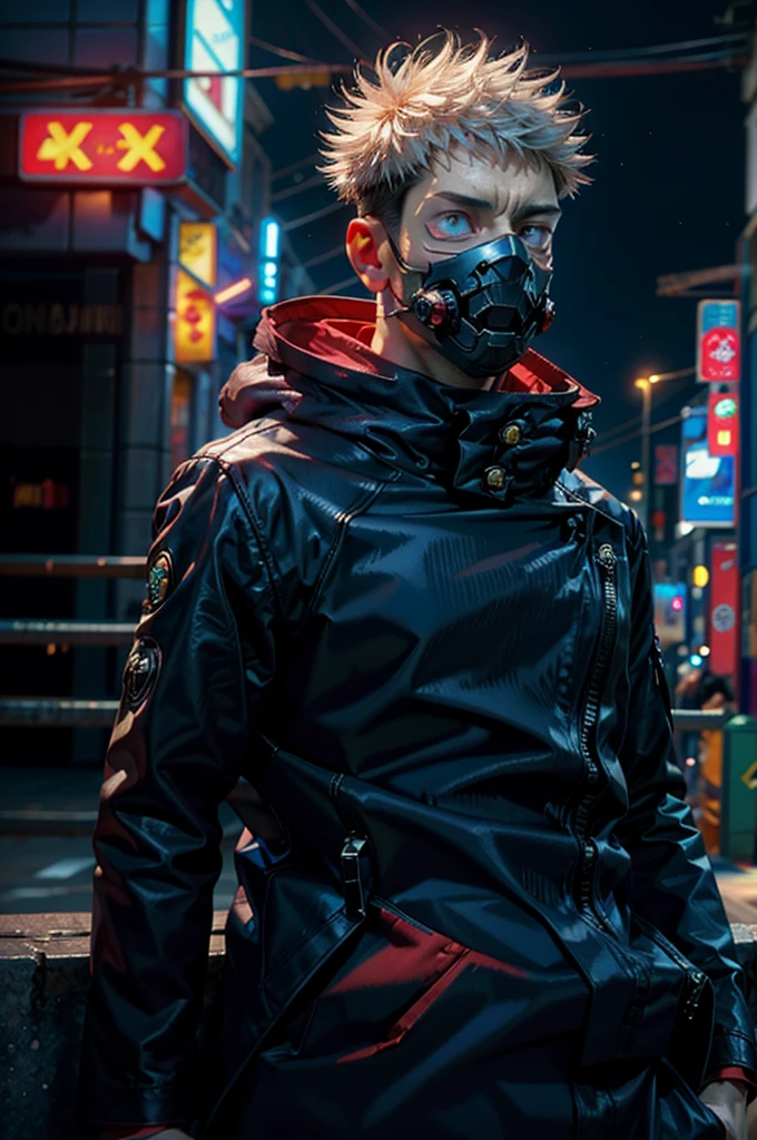 "dark theme :: closeup face focus, ultra realistic futuristic cyberpunk muscular male white hair sitting :: cyberpunk face (cyber eyes) :: cool cybernetic punk jacket red neon eyes :: shirtless:: mechanical intricate mask :: natural lighting :: bokeh :: 8k :: best quality :: masterpiece :: futuristic cityscape background"