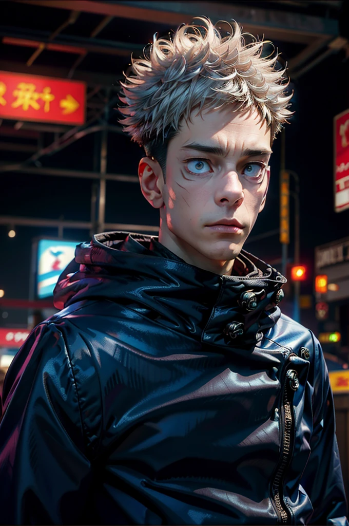 "dark theme :: closeup face focus, ultra realistic futuristic cyberpunk muscular male white hair sitting :: cyberpunk face (cyber eyes) :: cool cybernetic punk jacket red neon eyes :: shirtless:: mechanical intricate mask :: natural lighting :: bokeh :: 8k :: best quality :: masterpiece :: futuristic cityscape background"