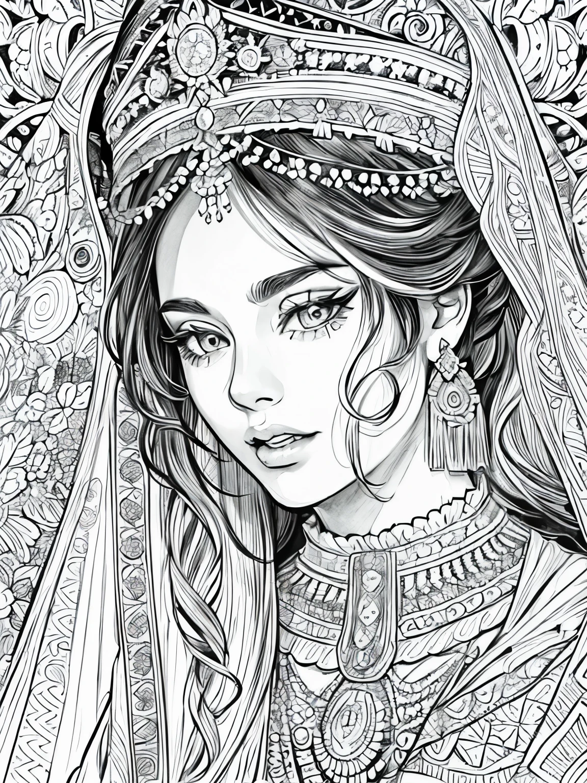 (Black and white coloring book:1.5), line drawings, masterpiece, best quality, ultra-detailed, high resolution, Very detailed face, (Eyes clear and distinct lines), Hair is white colored, Upper body shot, Royal wedding.A woman in a luxuriously embroidered and jeweled royal wedding dress, The hem of the dress has a long train, Hyper detailed crisp black line draw, ((simple white color))