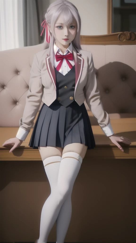 Alisa mikhailovna kujou, hair ribbon, white thighhighs, loafers, pleated skirt, collared shirt, bowtie, blazer, vest cosplay girls