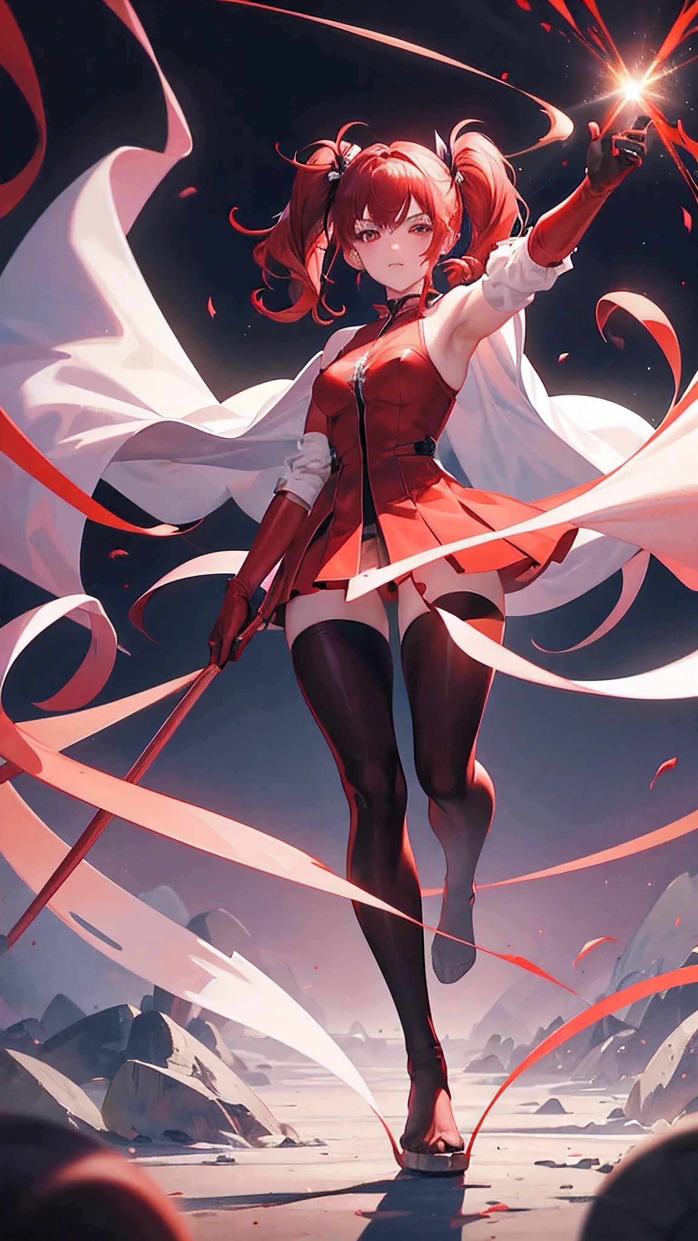 18 years old, red hair, pig tails hair, red eyes, in a full body robe with leggings, masterpiece, high quality, glowing energy ball in right hand, shoulders exposed, gloves, ready to fight pose, 4k, magician, glow effect, red energy intertwined in an atmospheric beauty, crazy glow effect, cinematic atmosphere 