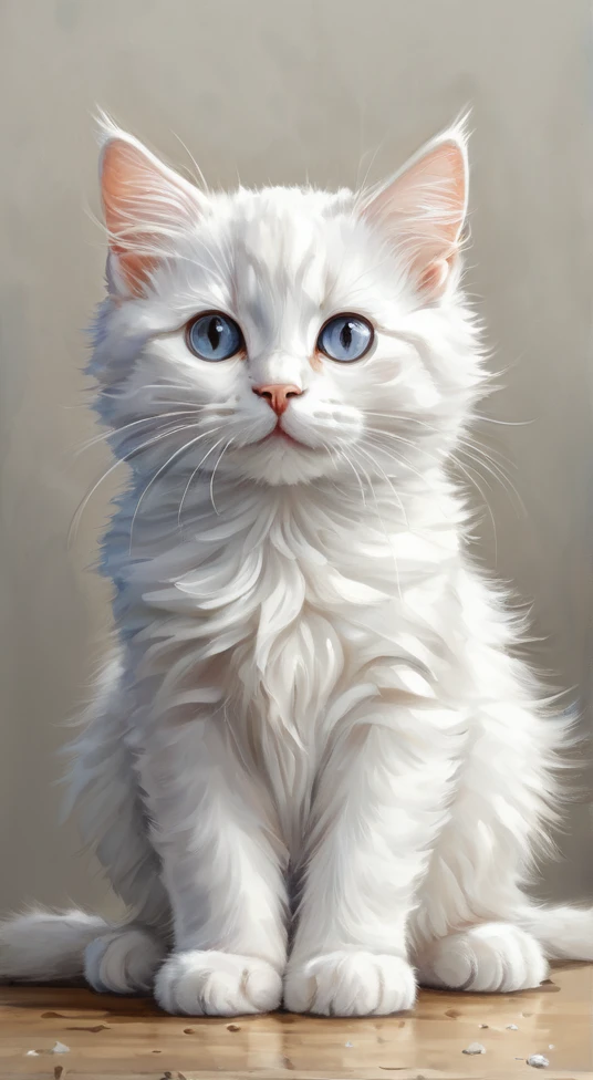 Happy anthropomorphic kitten, Style Painting, (Professional painting, Dynamic pose, moving composition, Dynamic Lighting, Realistic proportions, Very detailed, Intricate details, High resolution, Ray Tracing, Very detailedな, Very detailed ,A white cat, adorable, with eyes closed, watercolor painting, delicate touch.