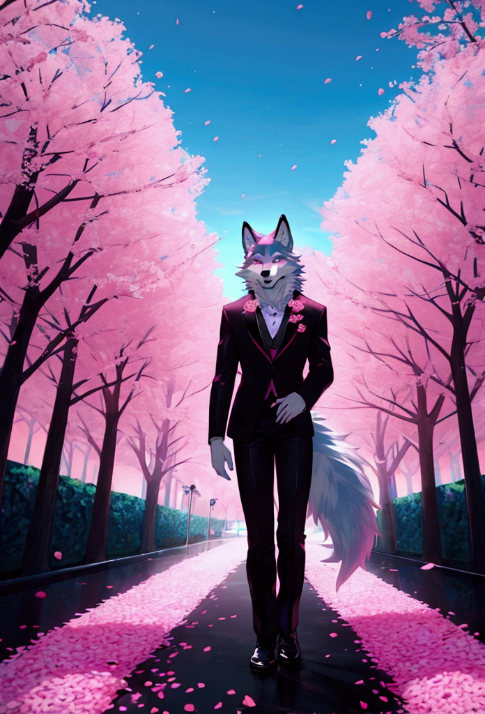 (highest quality, 32K resolution, high resolution, super detailed, realistic, finely drawn details), Unreal Engine 5, Tokyo lighting, romantic motifs, rose creation portal, majestic background, floral environment, beautiful landscape, flower bed on the ground, Aesthetic wallpaper, e-commerce live room background, ultra-realistic rendering, exquisite composition, stunning wallpapers, stunning images, aesthetic wallpaper, red background, red reflection, C4D rendering, top quality, photo raw "Pure white cherry blossoms, pure white background, pink cherry blossoms, bright cherry blossoms, ((1child)), ((wolf)), ((furry)), ((tail)), ((walking forward)), ((pink fur)), ((black suit)), ((black pants)), ((blue sky))
