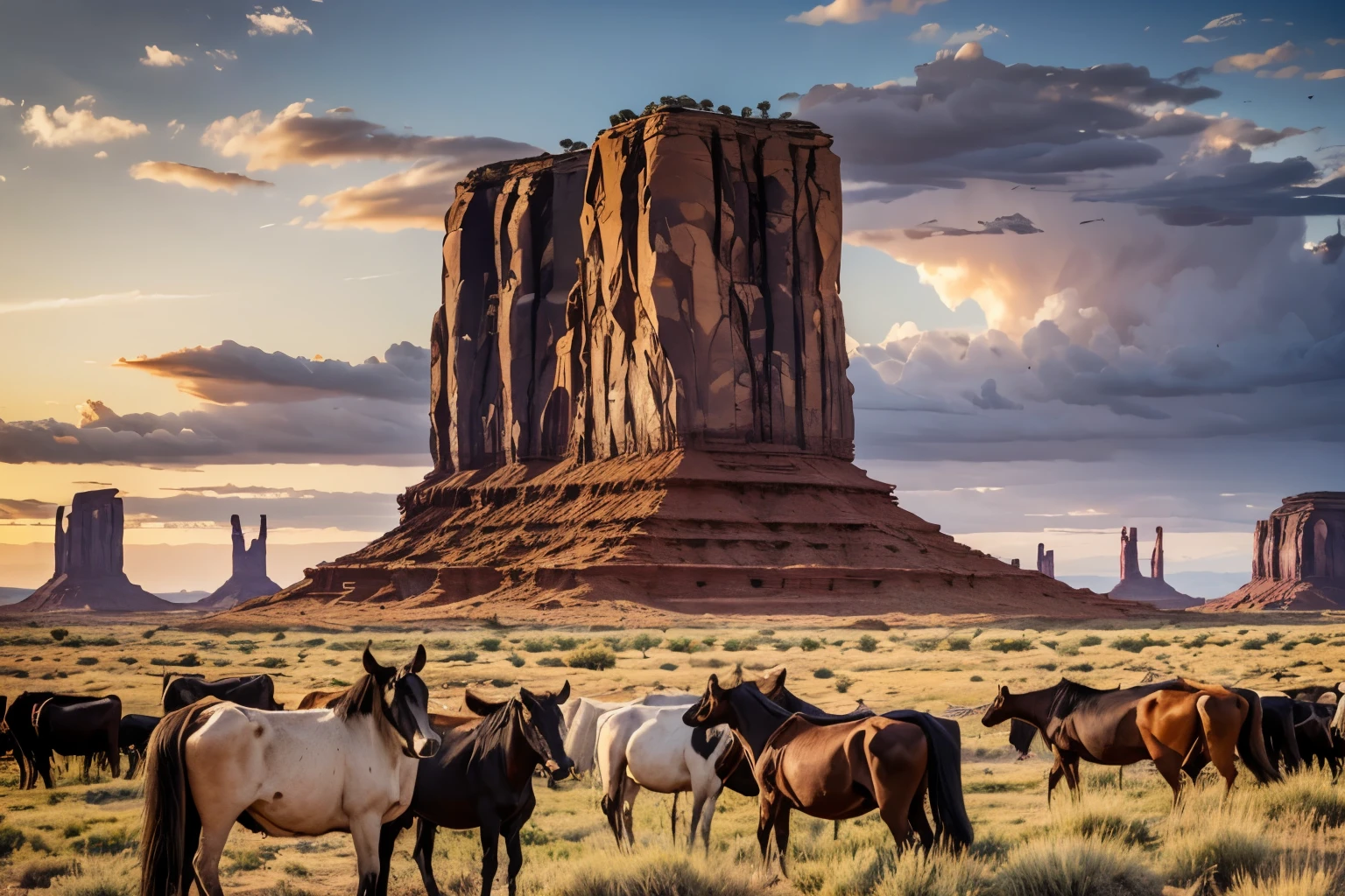 movie, western cow boy, Upper body close-up, Monument Valley, vast ranch, Sunset,, Herd of cows, Duel in the Wilderness