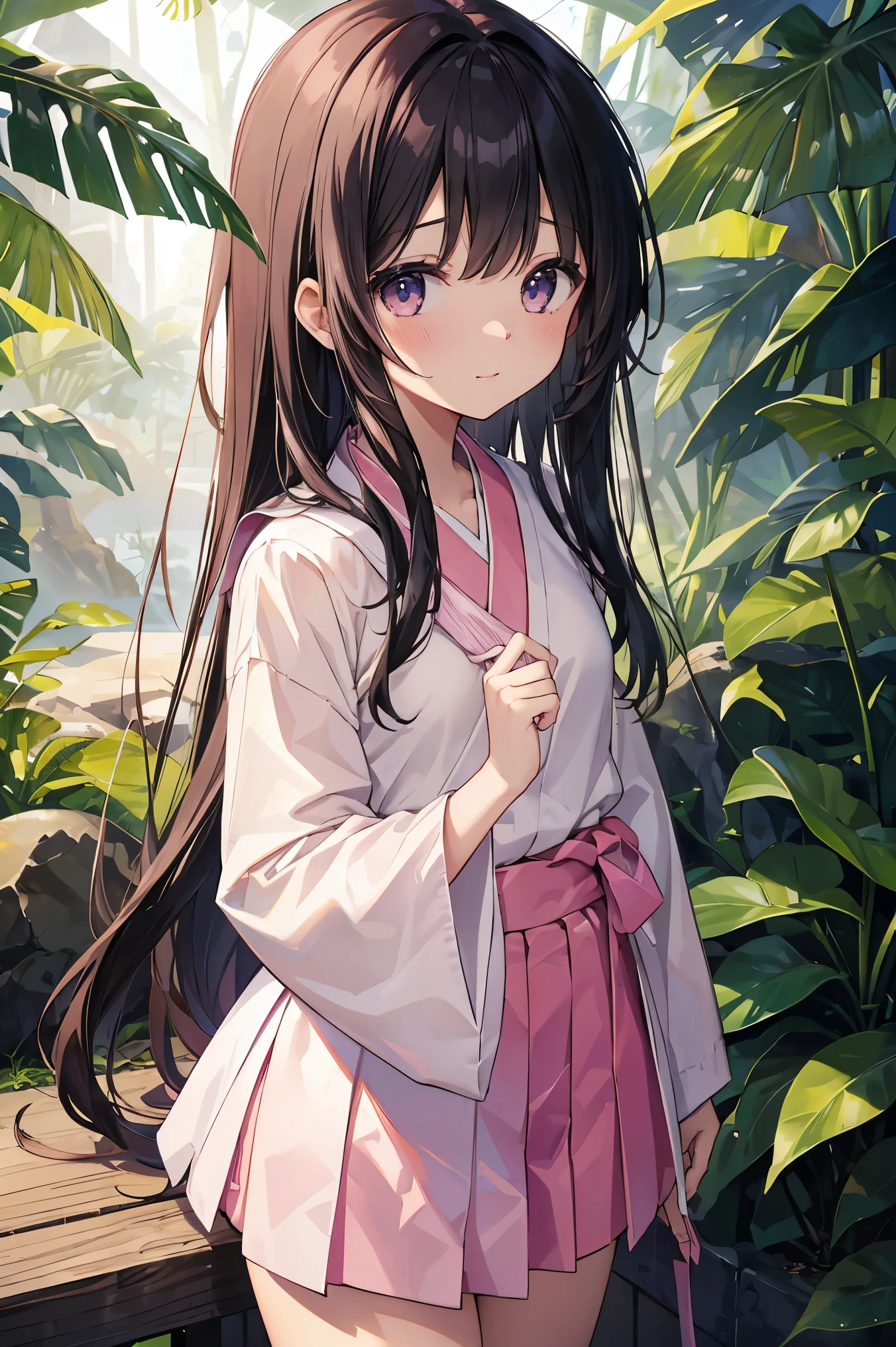 Highest quality、Very delicate and beautiful、Elementary school girl、5th grade elementary school、Japanese、((Pink micro bikini))、mesugaki、Laughter、Black-haired、Jungle background、standing、Long Hair