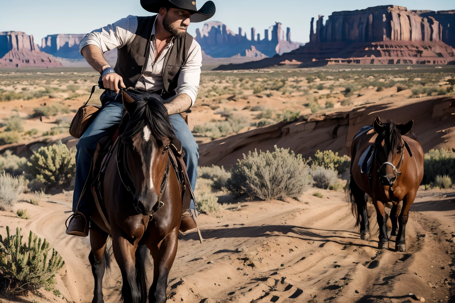 movie, western cow boy, Upper body close-up, Monument Valley, vast ranch, Sunset,, Herd of cows, Duel in the Wilderness