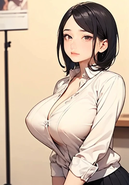 (((Full and soft ,)))(((Huge breastsCleavage))) (Purvy figure)(high sound quality,4K,8K,high resolution,masterpiece:1.2),(Very detailed,reality,real:1.37), Draw the eyes in detail, Highly detailed description of beak lip crossdressing male office lady,Black Hair,baby face,Large Breasts,Women's sh裙 Cleavage