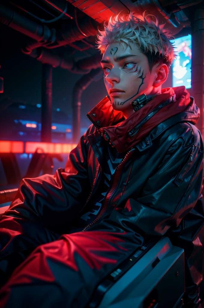 "dark theme :: closeup face focus, ultra realistic futuristic cyberpunk muscular male white hair sitting :: cyberpunk face (cyber eyes) :: cool cybernetic punk jacket red neon eyes :: shirtless:: mechanical intricate mask :: natural lighting :: bokeh :: 8k :: best quality :: masterpiece :: futuristic cityscape background"