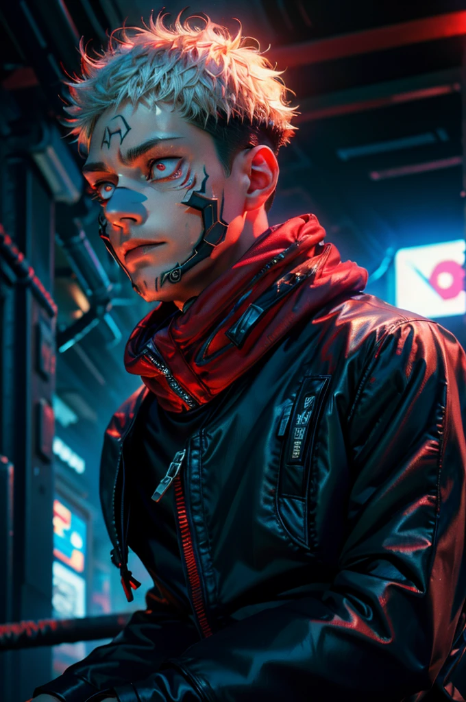 "dark theme :: closeup face focus, ultra realistic futuristic cyberpunk muscular male white hair sitting :: cyberpunk face (cyber eyes) :: cool cybernetic punk jacket red neon eyes :: shirtless:: mechanical intricate mask :: natural lighting :: bokeh :: 8k :: best quality :: masterpiece :: futuristic cityscape background"