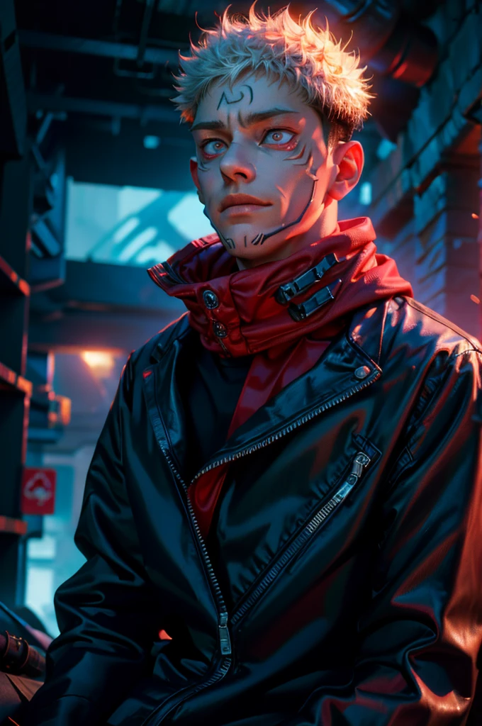 "dark theme :: closeup face focus, ultra realistic futuristic cyberpunk muscular male white hair sitting :: cyberpunk face (cyber eyes) :: cool cybernetic punk jacket red neon eyes :: shirtless:: mechanical intricate mask :: natural lighting :: bokeh :: 8k :: best quality :: masterpiece :: futuristic cityscape background"