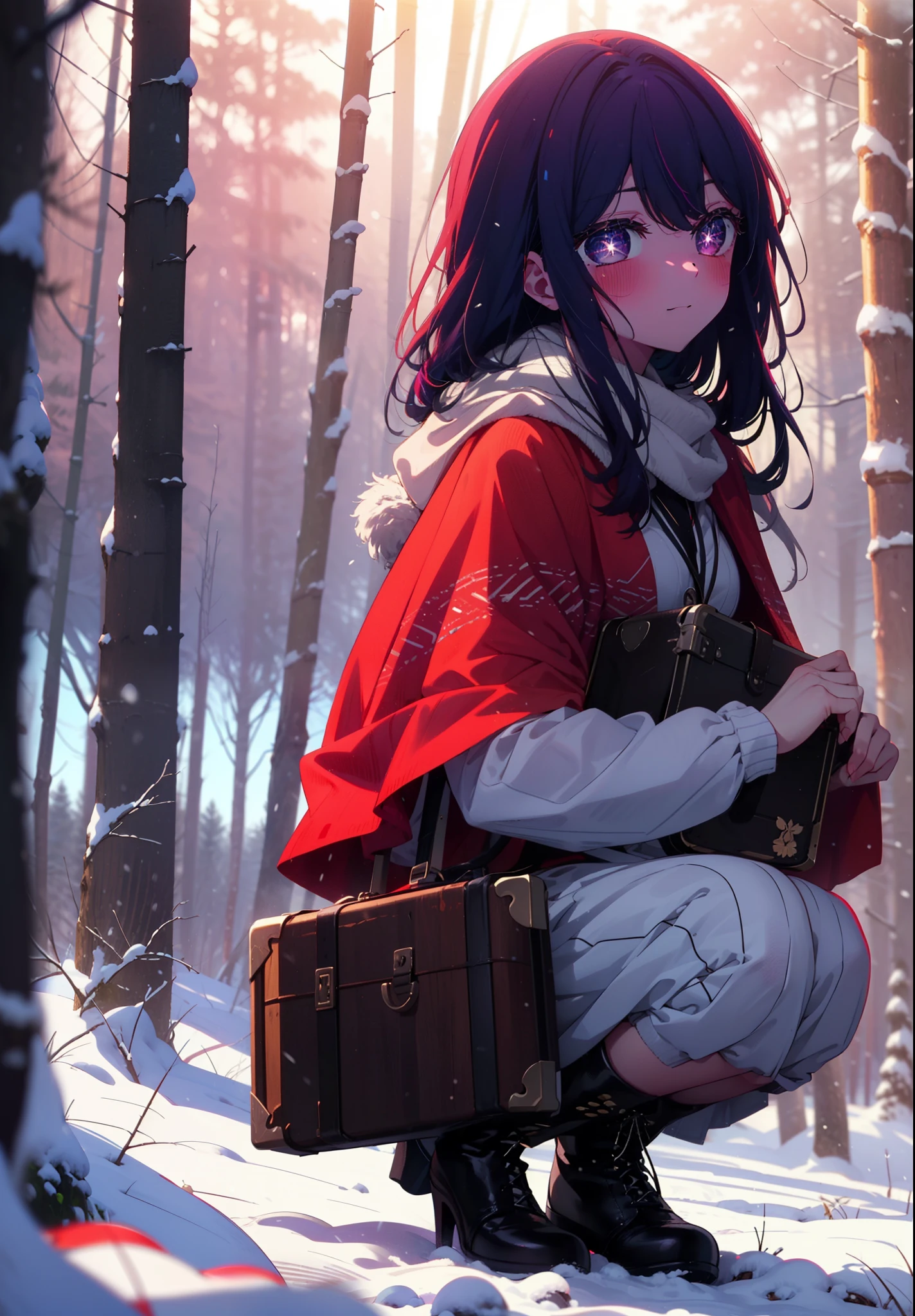aihoshino, Ai Hoshino, Long Hair, bangs, (Purple eyes:1.1), Purple Hair, (Symbol-shaped pupil:1.5), smile,,smile,blush,white breath,
Open your mouth,snow,Ground bonfire, Outdoor, boots, snowing, From the side, wood, suitcase, Cape, Blurred, , forest, White handbag, nature, Squat, Mouth closed, Cape, winter, Written boundary depth, Black shoes, red Cape break looking at viewer, Upper Body, whole body, break Outdoor, forest, nature, break (masterpiece:1.2), Highest quality, High resolution, unity 8k wallpaper, (shape:0.8), (Beautiful and beautiful eyes:1.6), Highly detailed face, Perfect lighting, Extremely detailed CG, (Perfect hands, Perfect Anatomy),