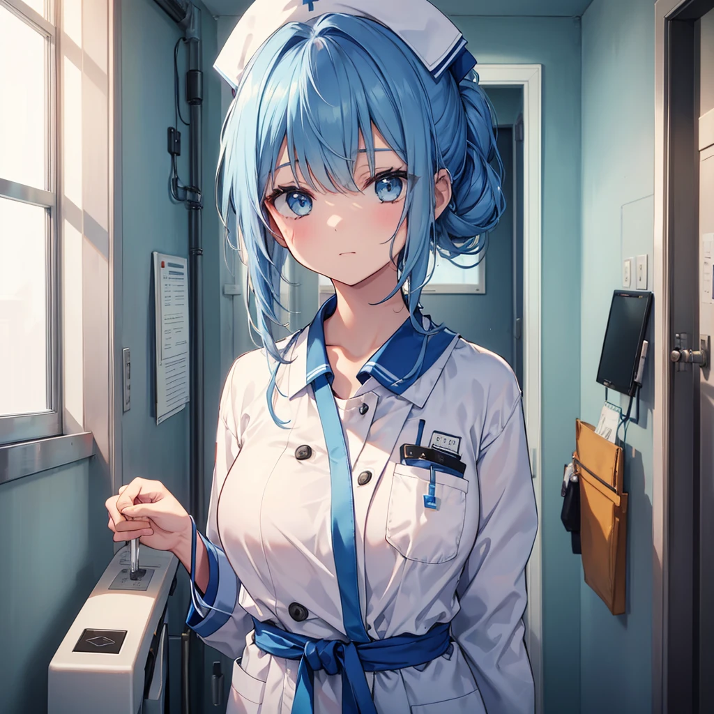 nursing aide,one girl,solo,blue or white scrubs,not wearing a hat or cap, frame it up to the top of the head, The top of my head doesn't come out of the frame,Facing forward.