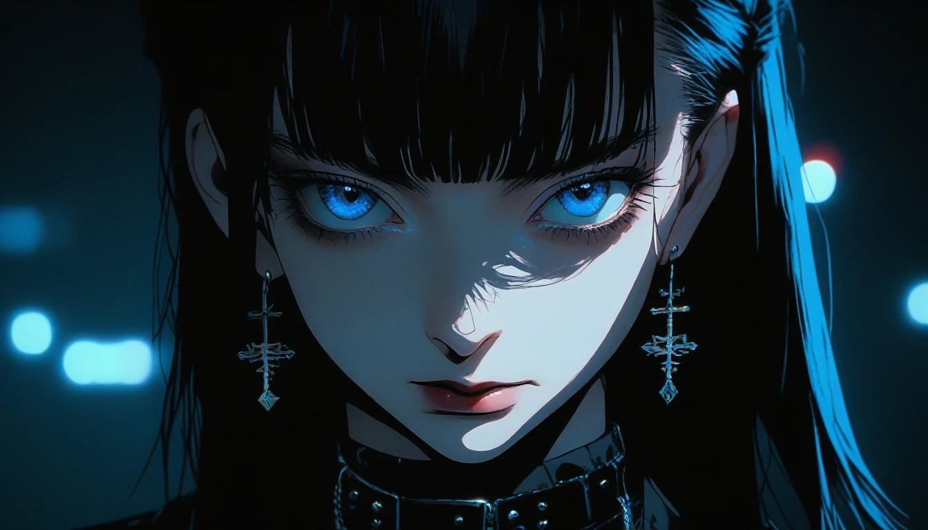 original character,blue eyes,Realistic, Analog Style, chromatic aberration, DVD Screen Grab, 80s movie, Cinema Lighting, Live Portrait Shooting, Contemporary photography, Dark and intense gothic style, light black, China Punk, thin, Attention to detail, Realisticな影, Move,