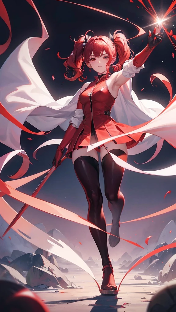 18 years old, red hair, pig tails hair, red eyes, in a full body robe with leggings, masterpiece, high quality, glowing energy ball in right hand, shoulders exposed, gloves, ready to fight pose, 4k, magician, glow effect, red energy intertwined in an atmospheric beauty, crazy glow effect, cinematic atmosphere