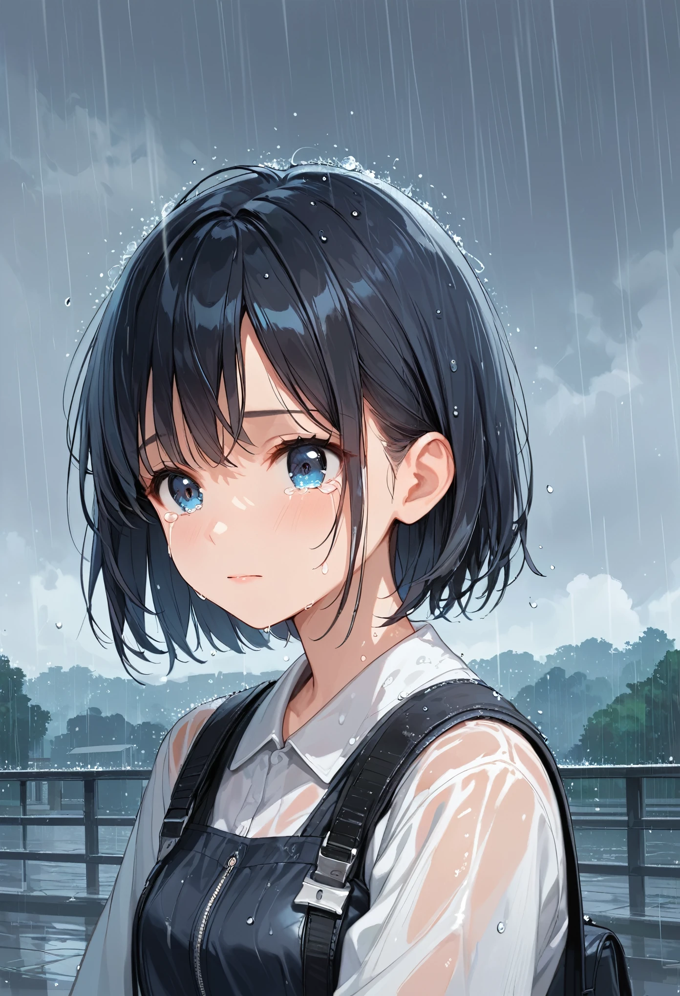 score_9, score_8_up, score_7_up,source_anime, high res image,masterpiece,best quality,girl,cute face,clear skin,black hair,crying,rainy,looking at the sky,